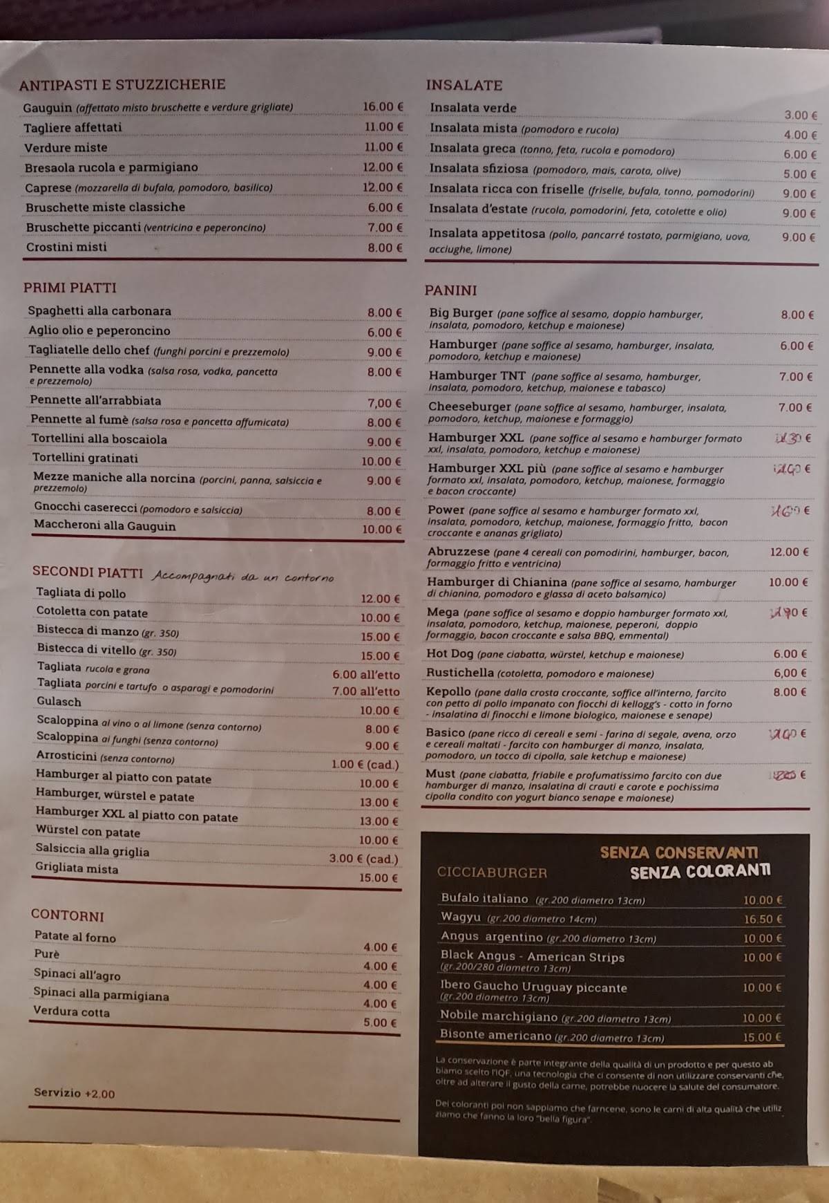 Menu di Gauguin Pizzeria Birreria 