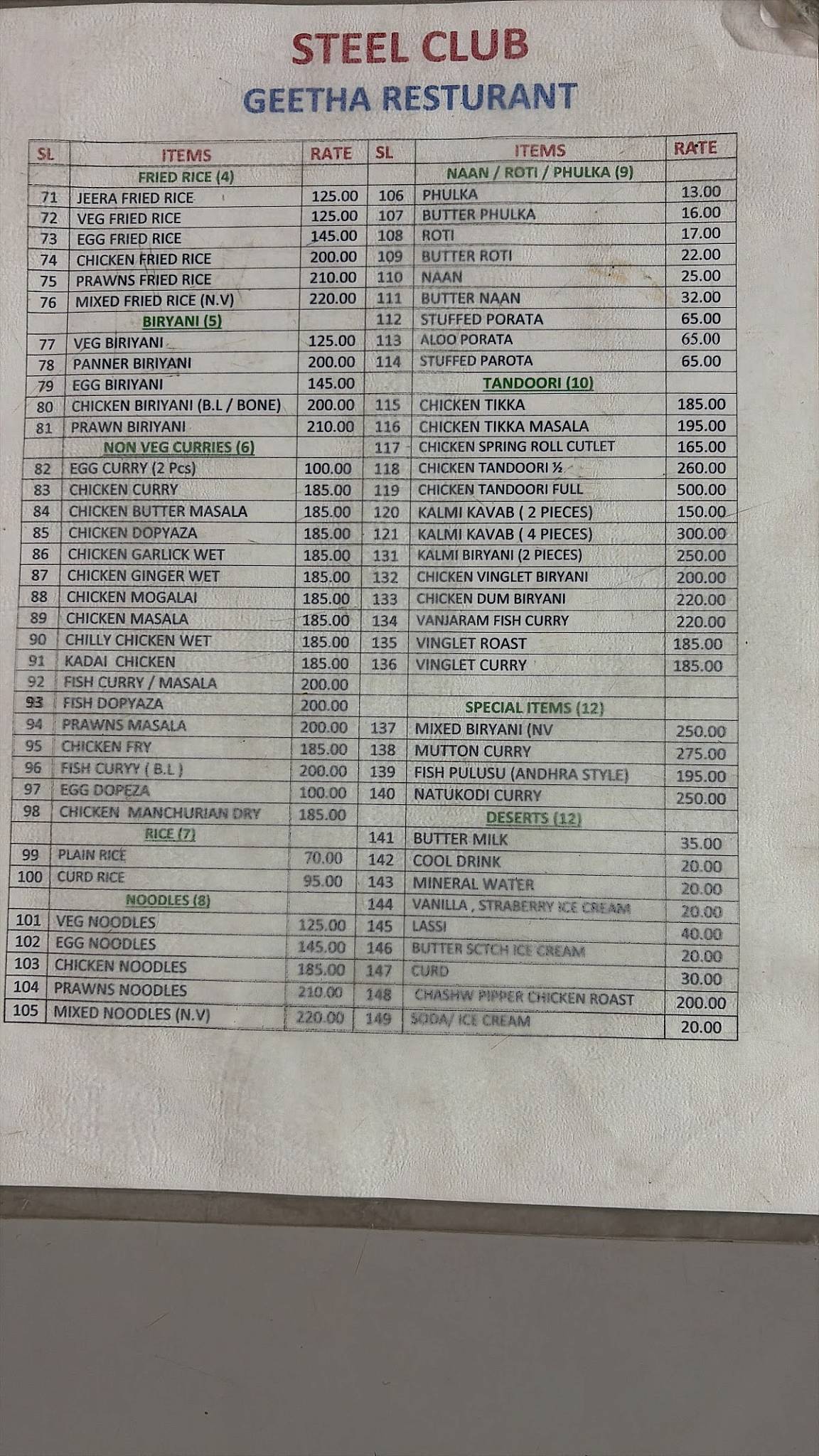 Geeta Restaurant menu