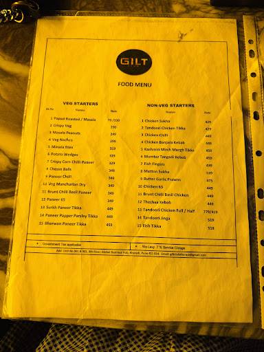Gilt Club menu