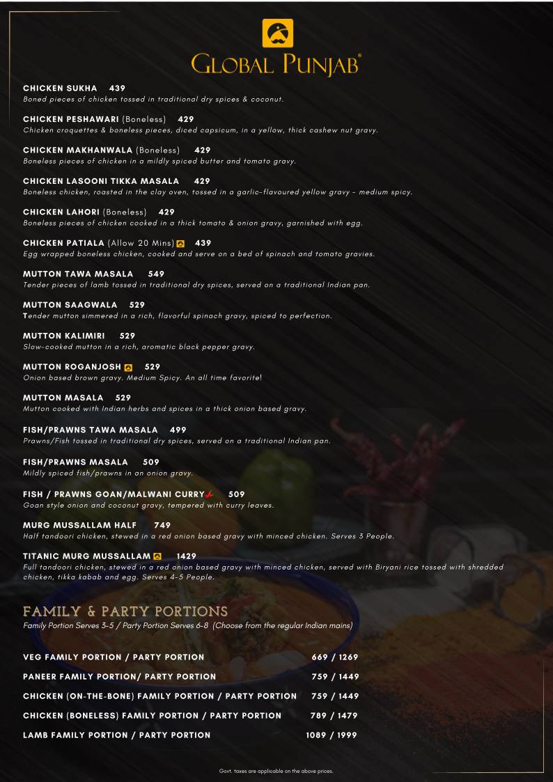 Global Punjab, Baner-Pashan Link Road menu
