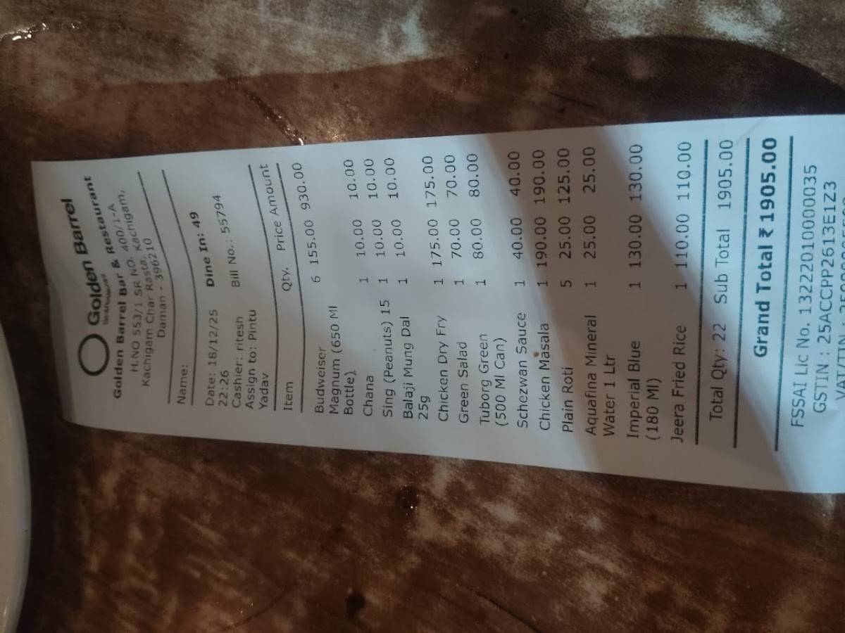 Golden Barrel menu