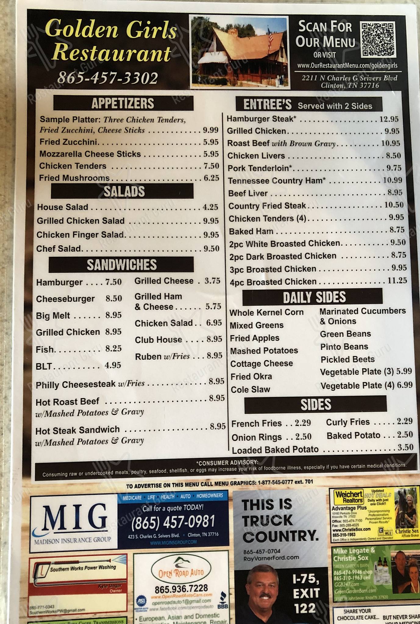 Menu at Golden Girls Restaurant, Clinton