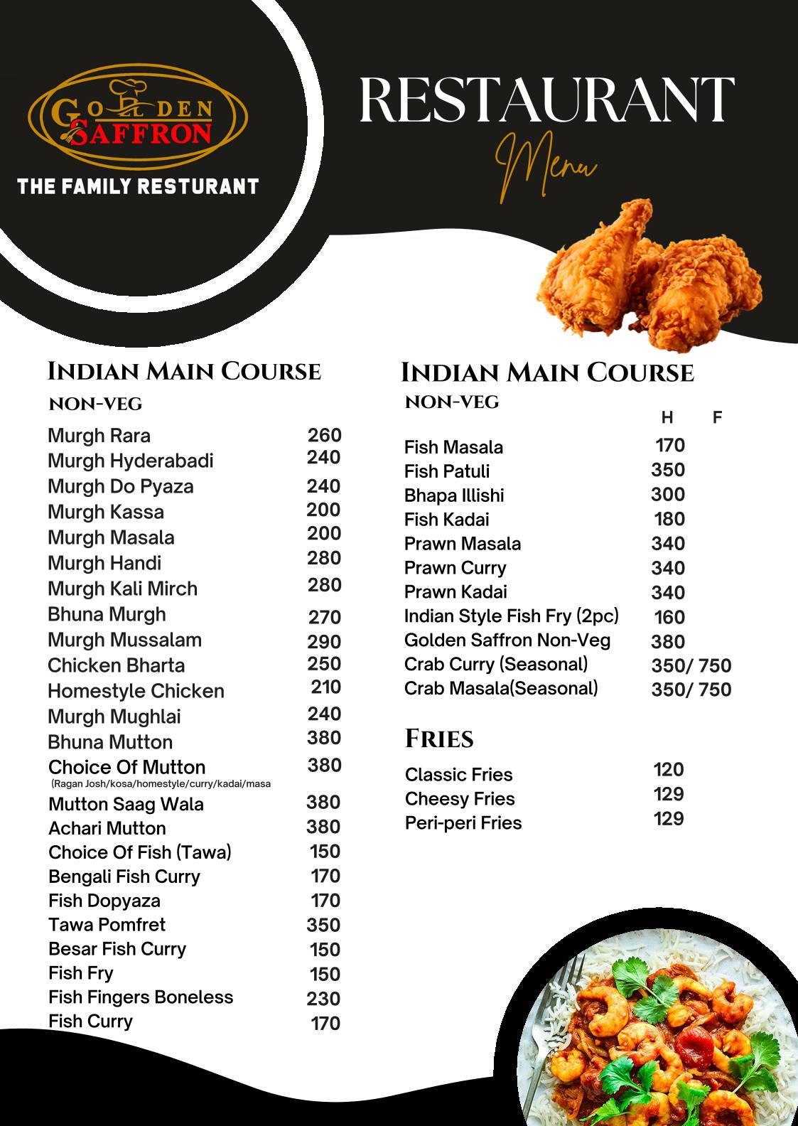 Golden Saffron Restaurant menu