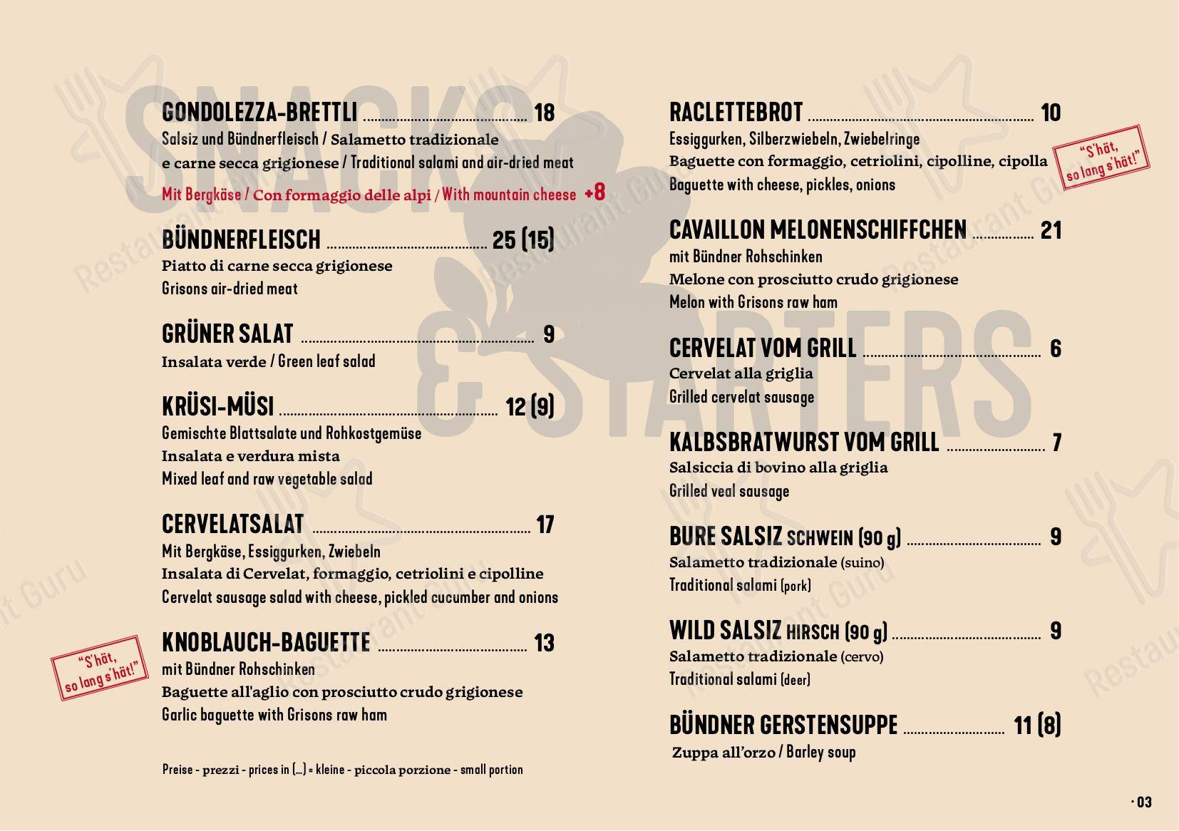 Gondolezza in Pontresina - Dinner Menu