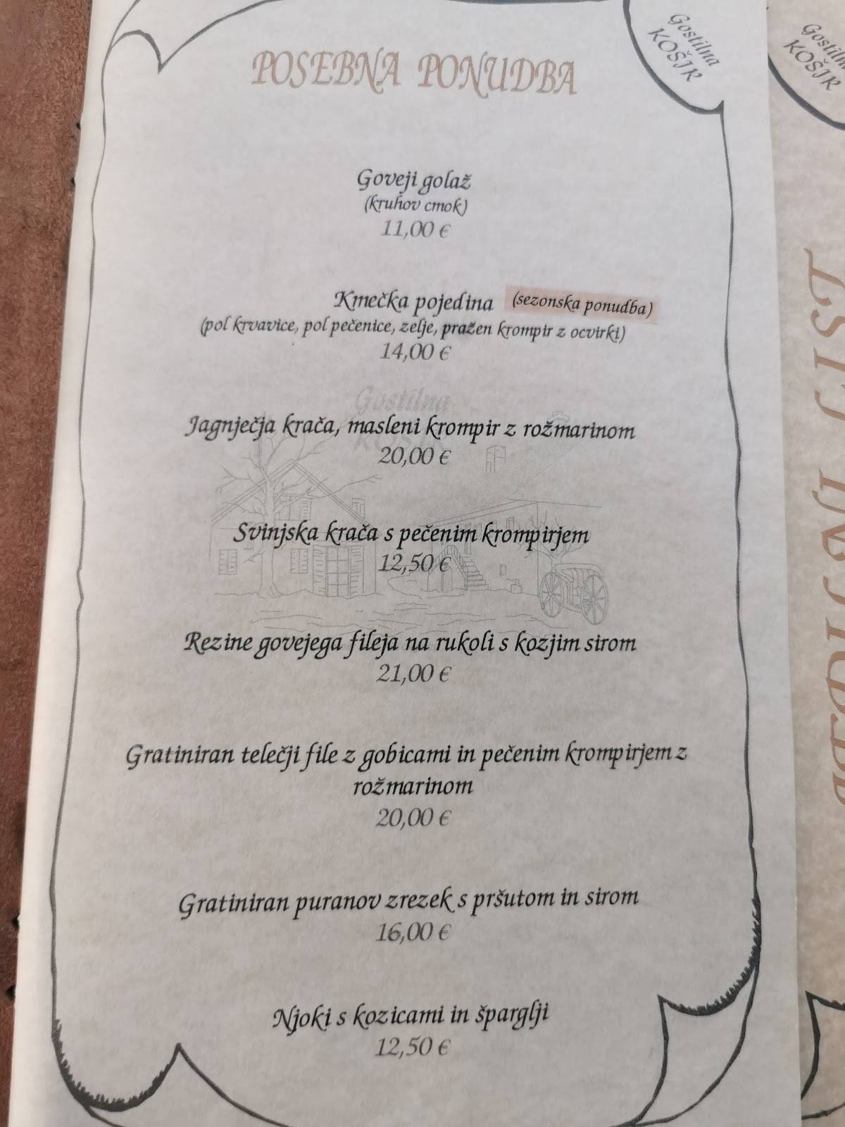 Menu di Gostilna Košir 