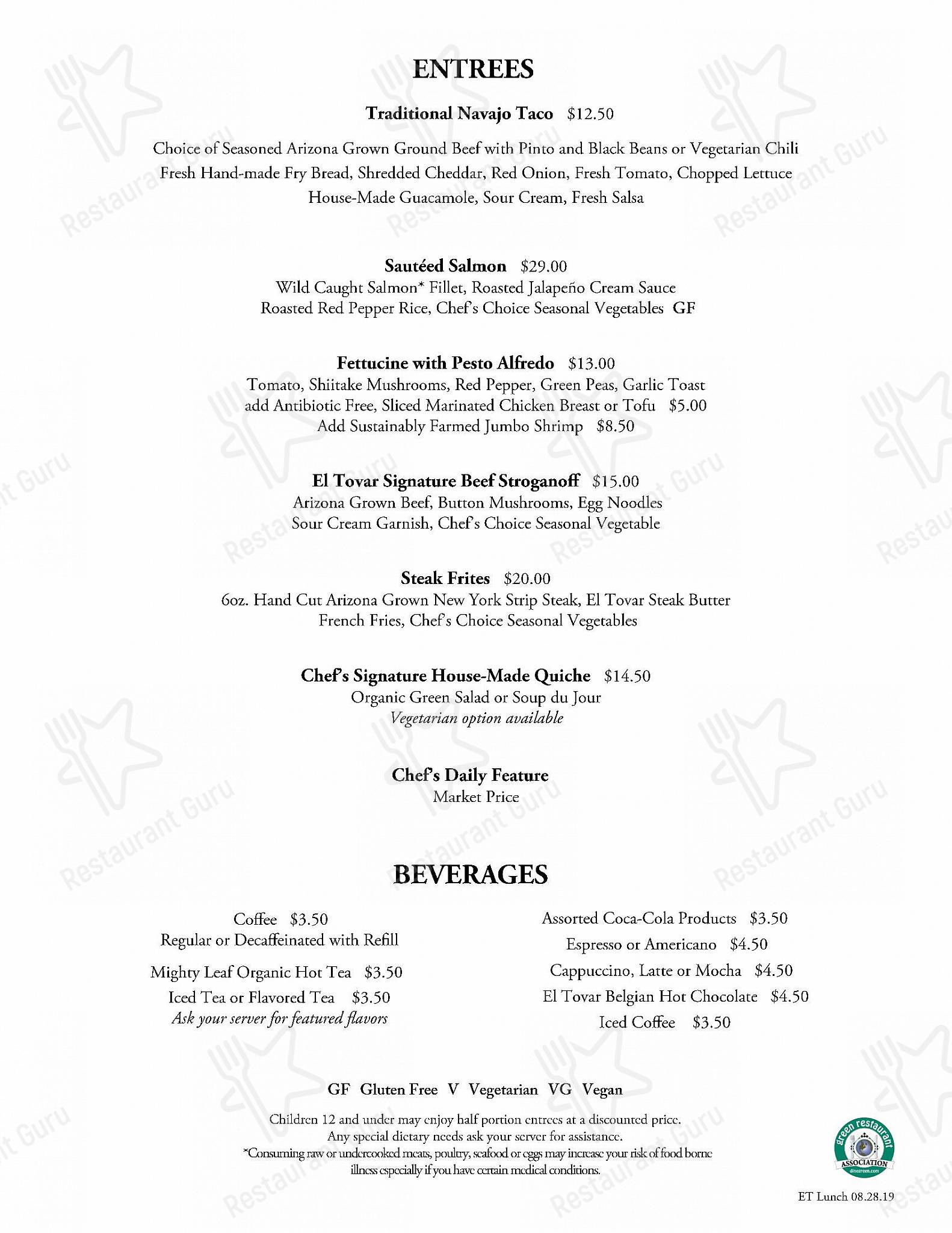 Menu at El Tovar Dining Room pub & bar, Grand Canyon Village, 1 El Tovar Rd