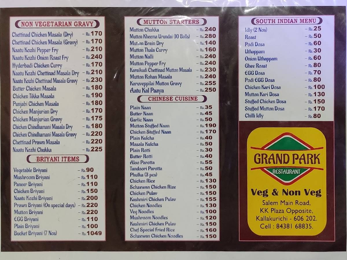 Grand Park Restaurant menu