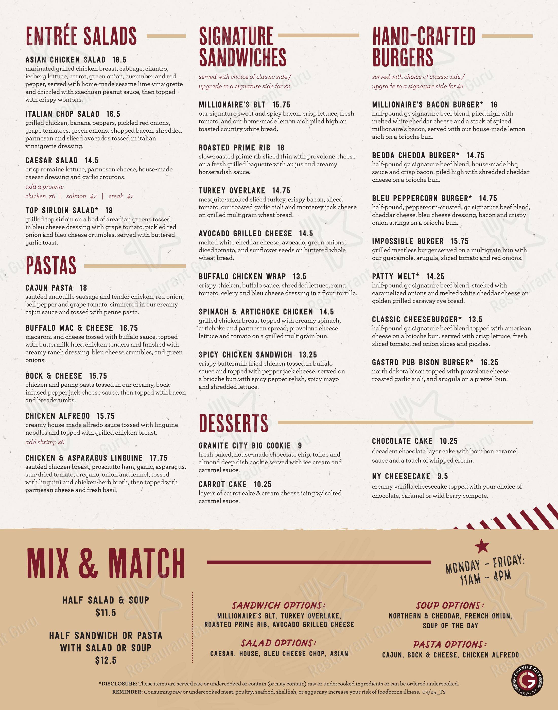 Menu at Granite City Food & Brewery restaurant, Fort Wayne