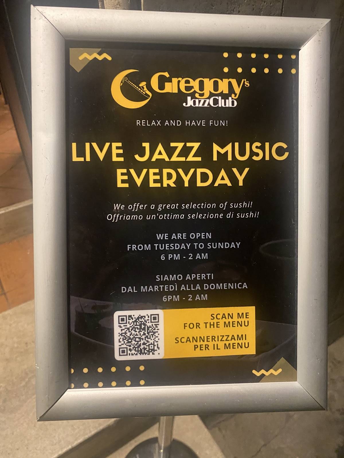 Menu di Gregory's Jazz club 