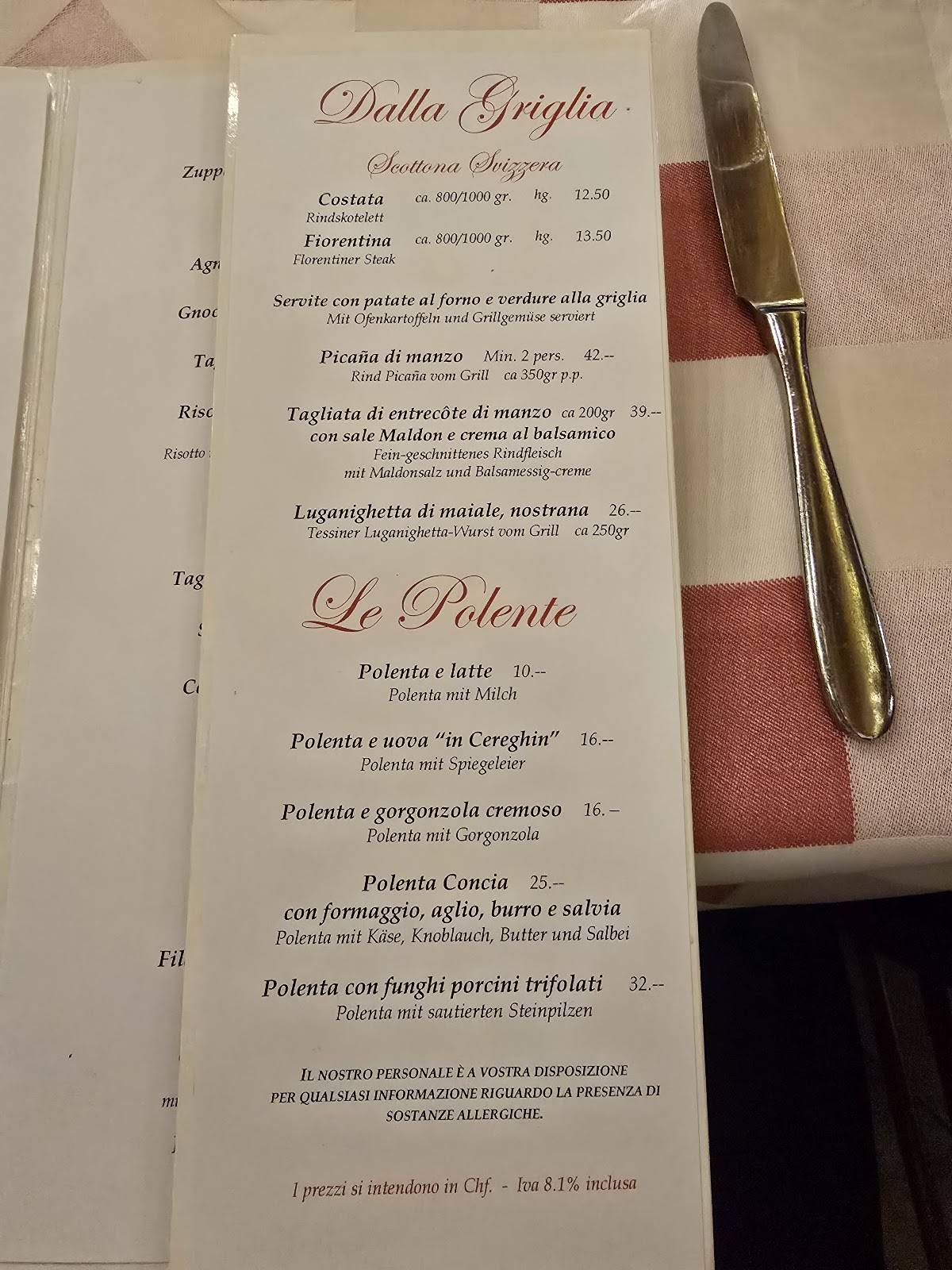 Menu di Grotto Pojana 