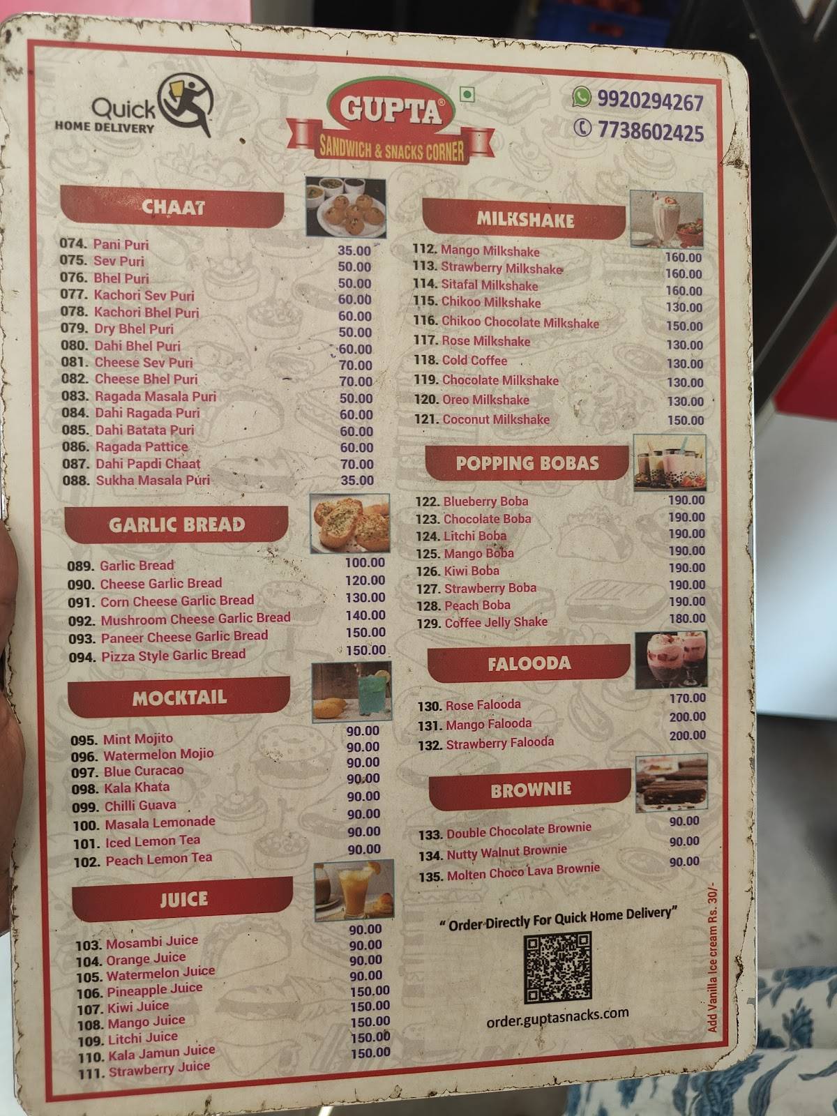 Gupta Sandwich and Snacks Corner menu