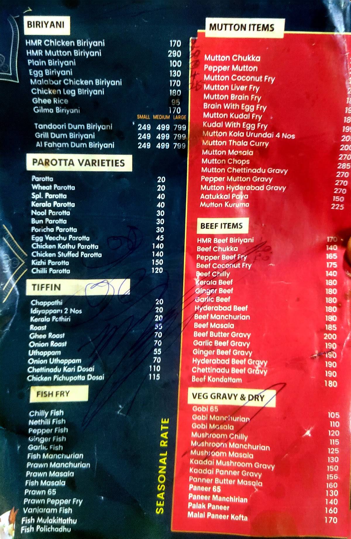HMR Biriyani Hut menu