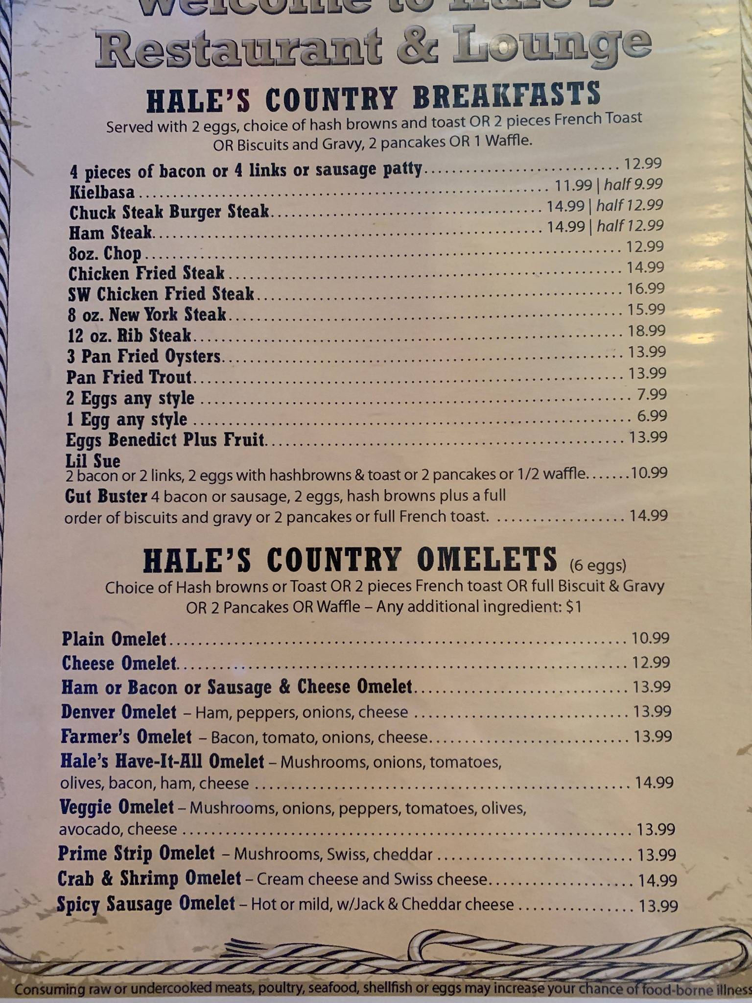 Menu at Hale's Tavern steakhouse, Hermiston