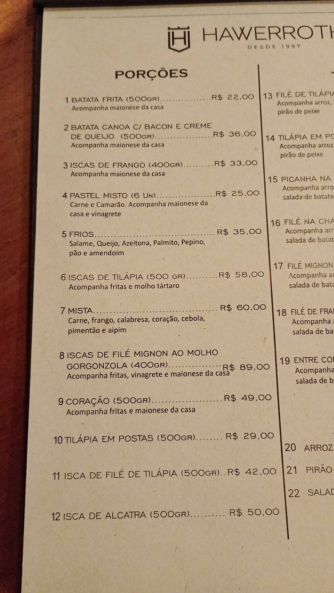 Hawerroth Restaurante cardápio