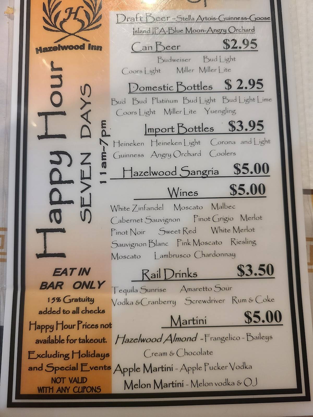 Menu at Hazelwood Inn restaurant, Baltimore