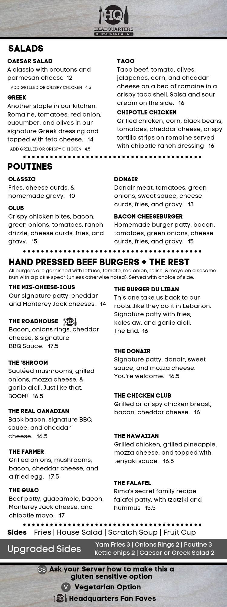 Menu at Headquarters Restaurant and Bar, Sherwood Park