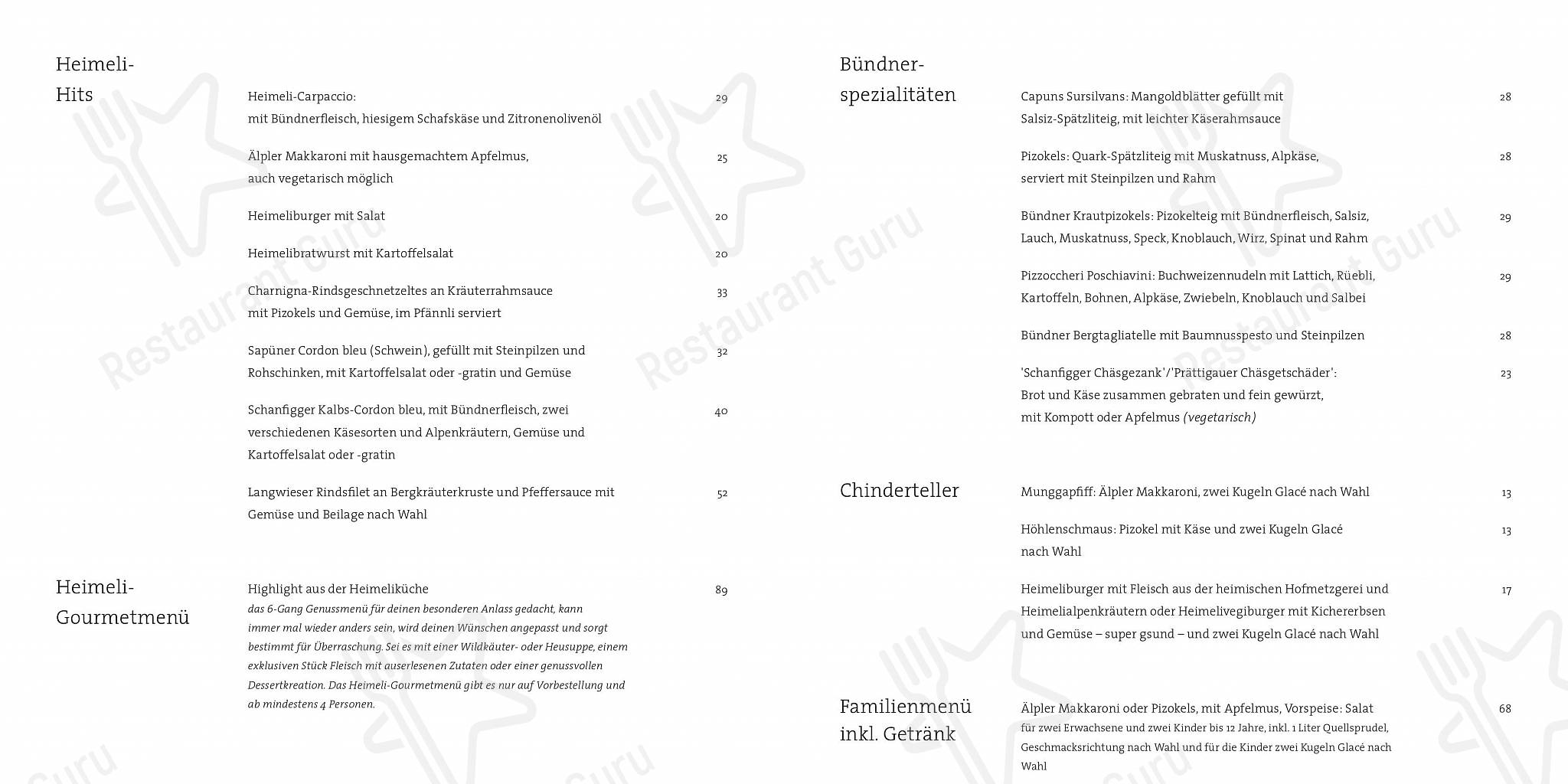 菜单 per Berggasthaus Heimeli in Langwies