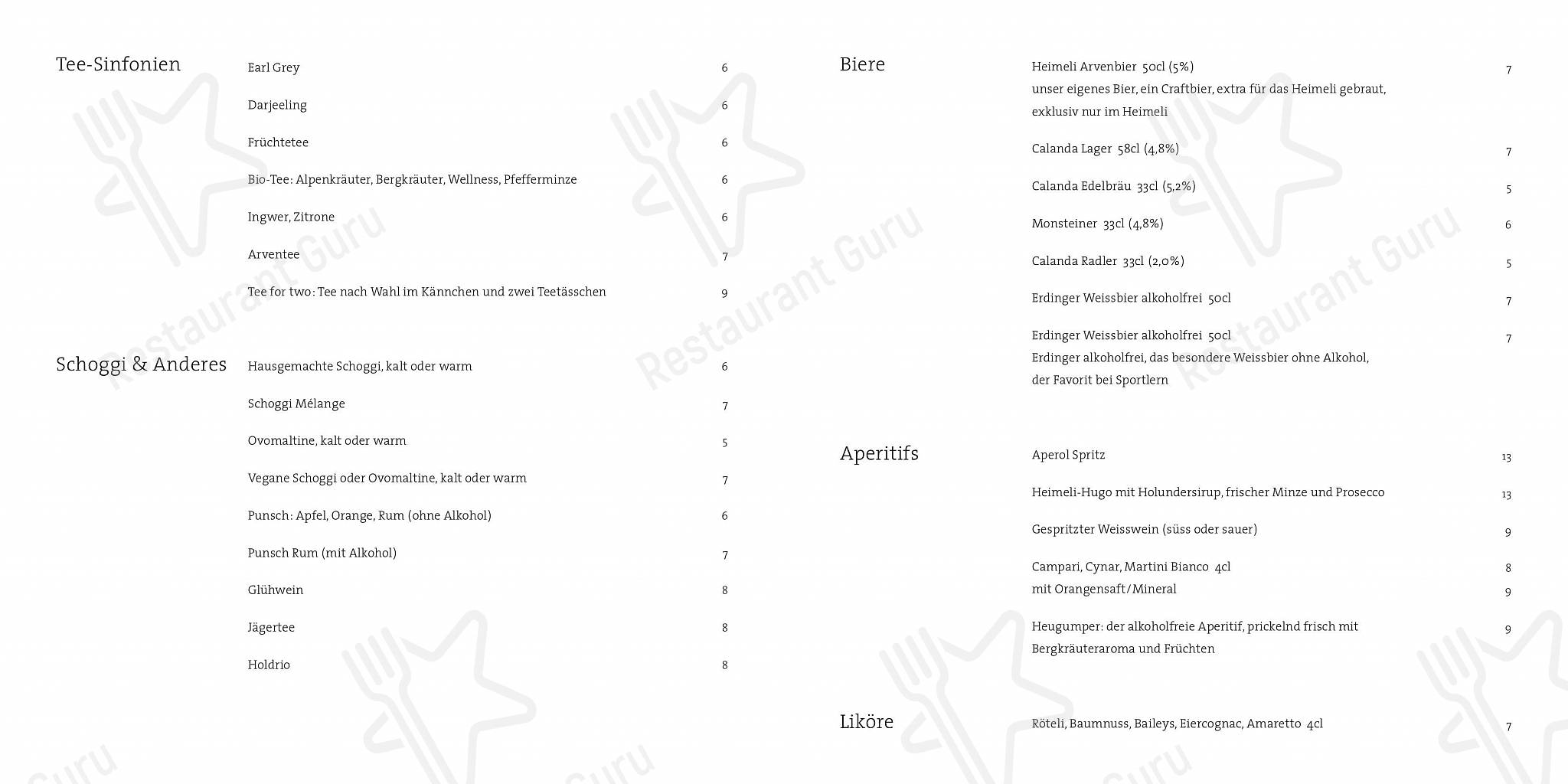 菜单 per Berggasthaus Heimeli ristorante