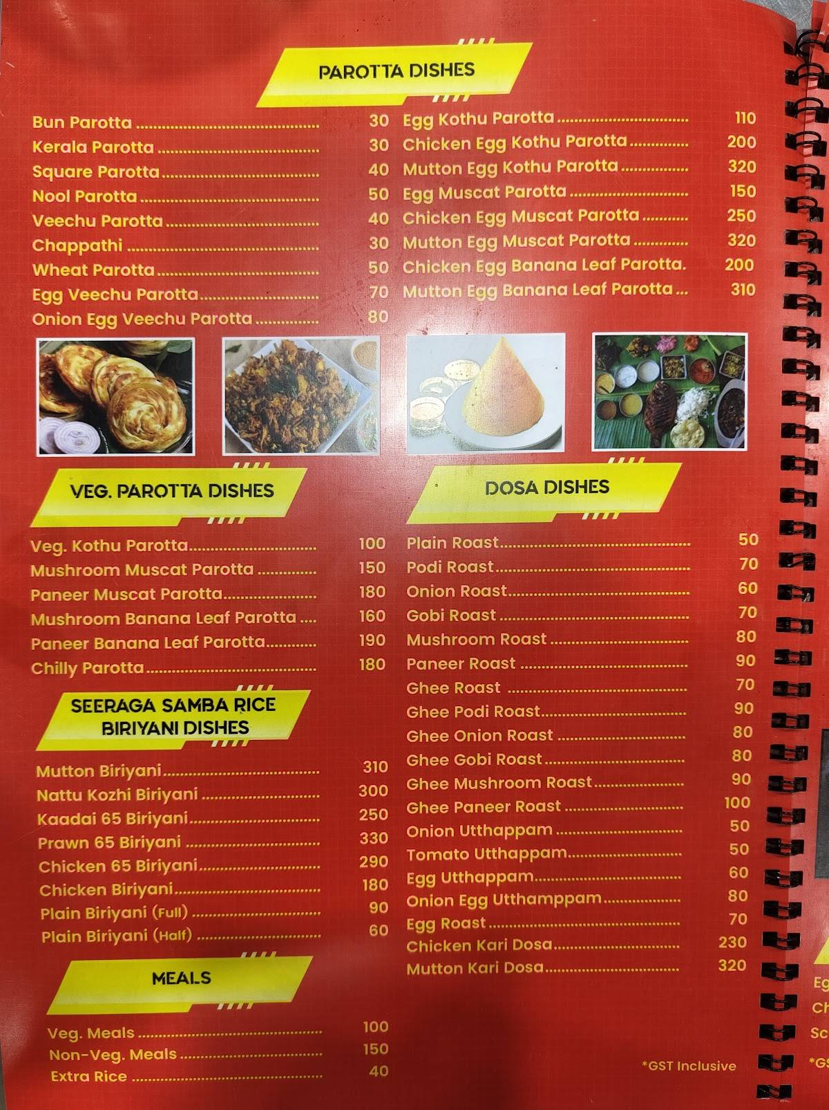 Hotel Sri Vari Bangalore Bun Parotta menu