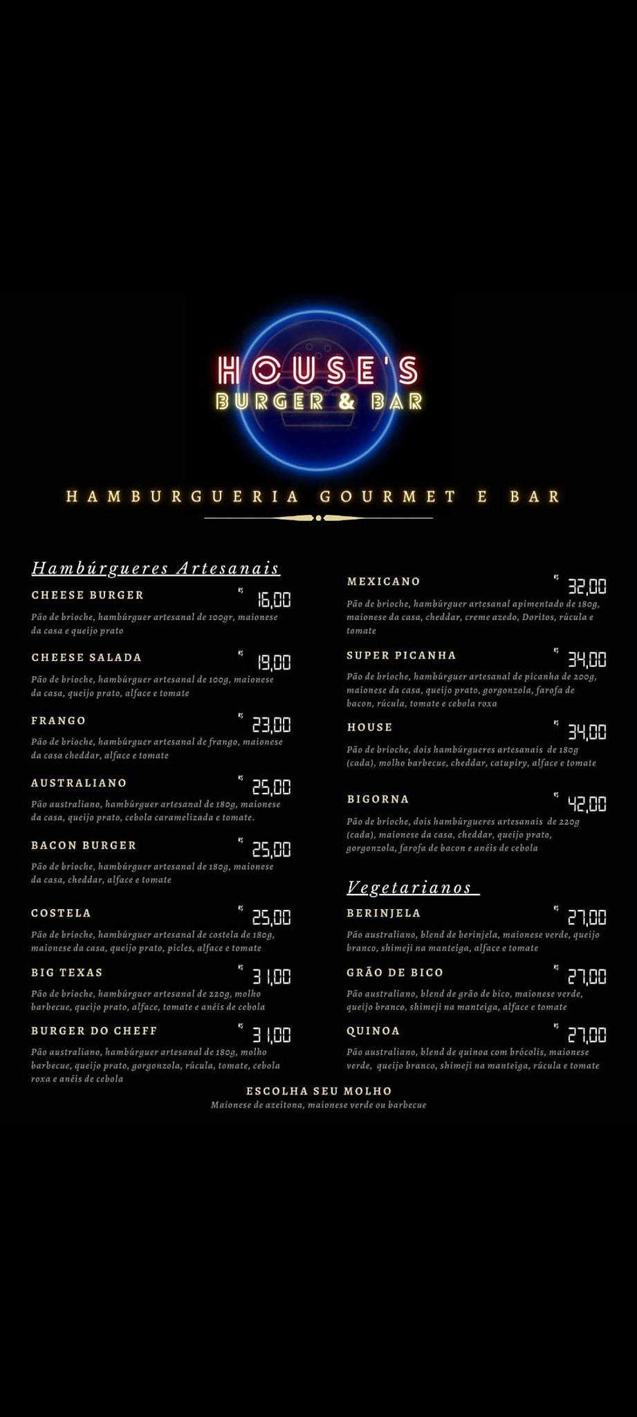 House’s burger cardápio