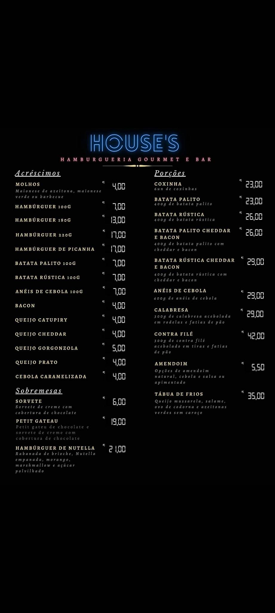 House’s burger cardápio