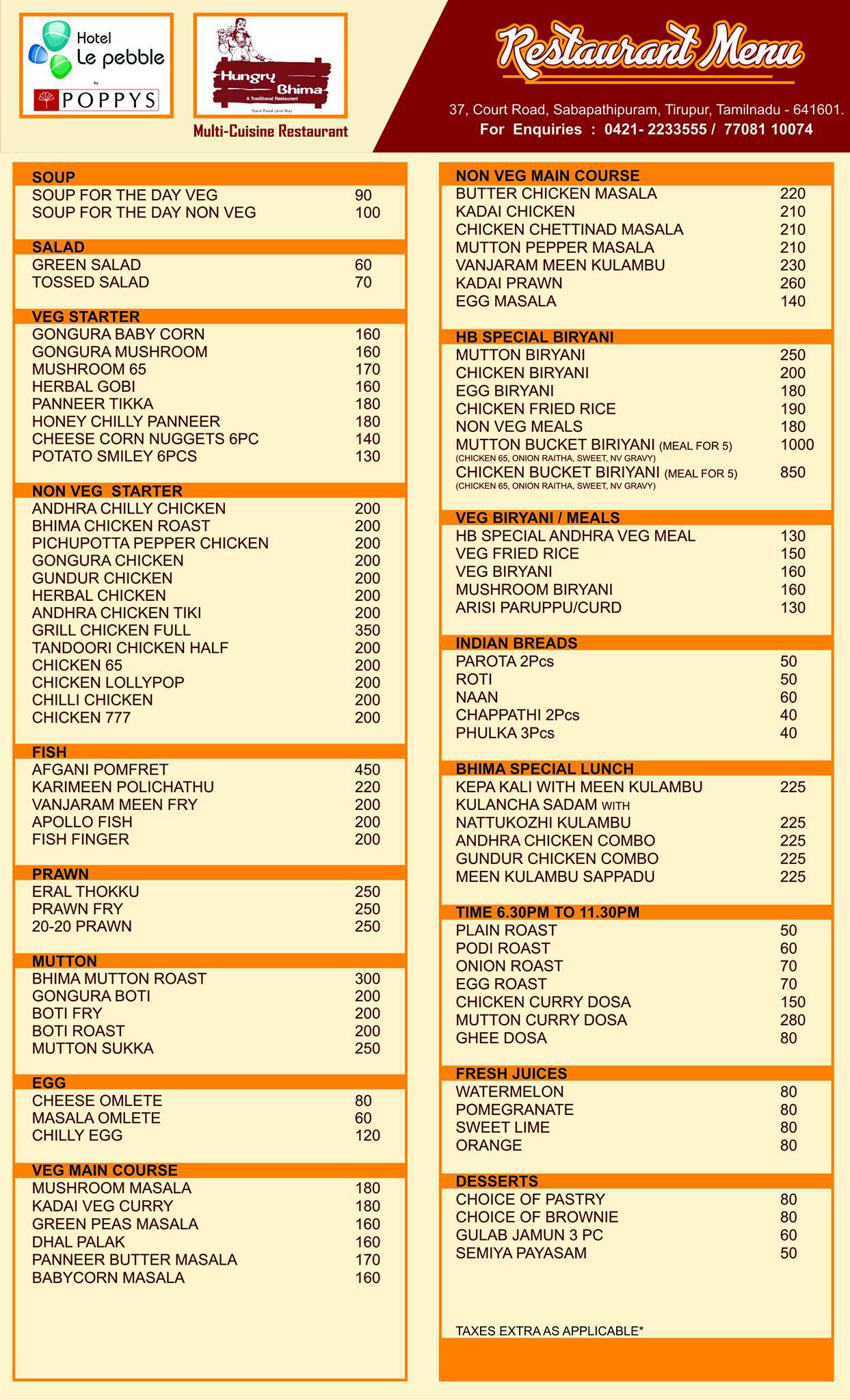 Hungry Bhima Restaurant menu