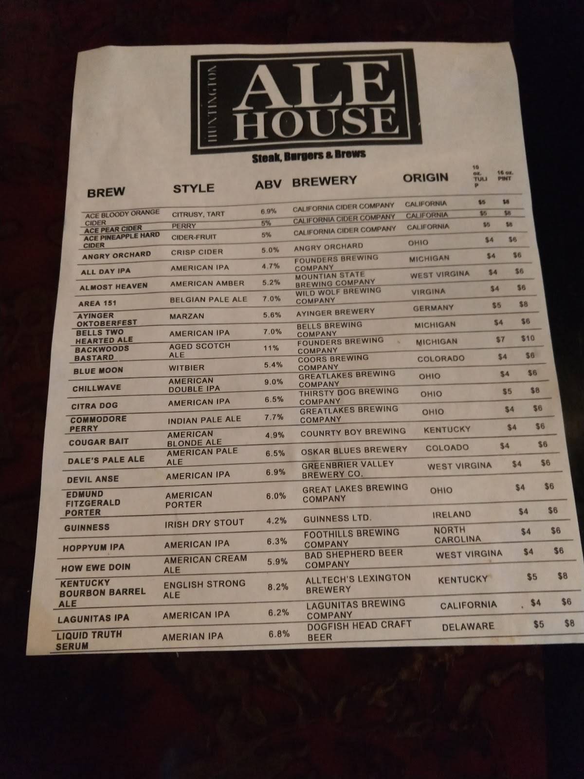 Menu at Huntington Ale House pub & bar, Huntington