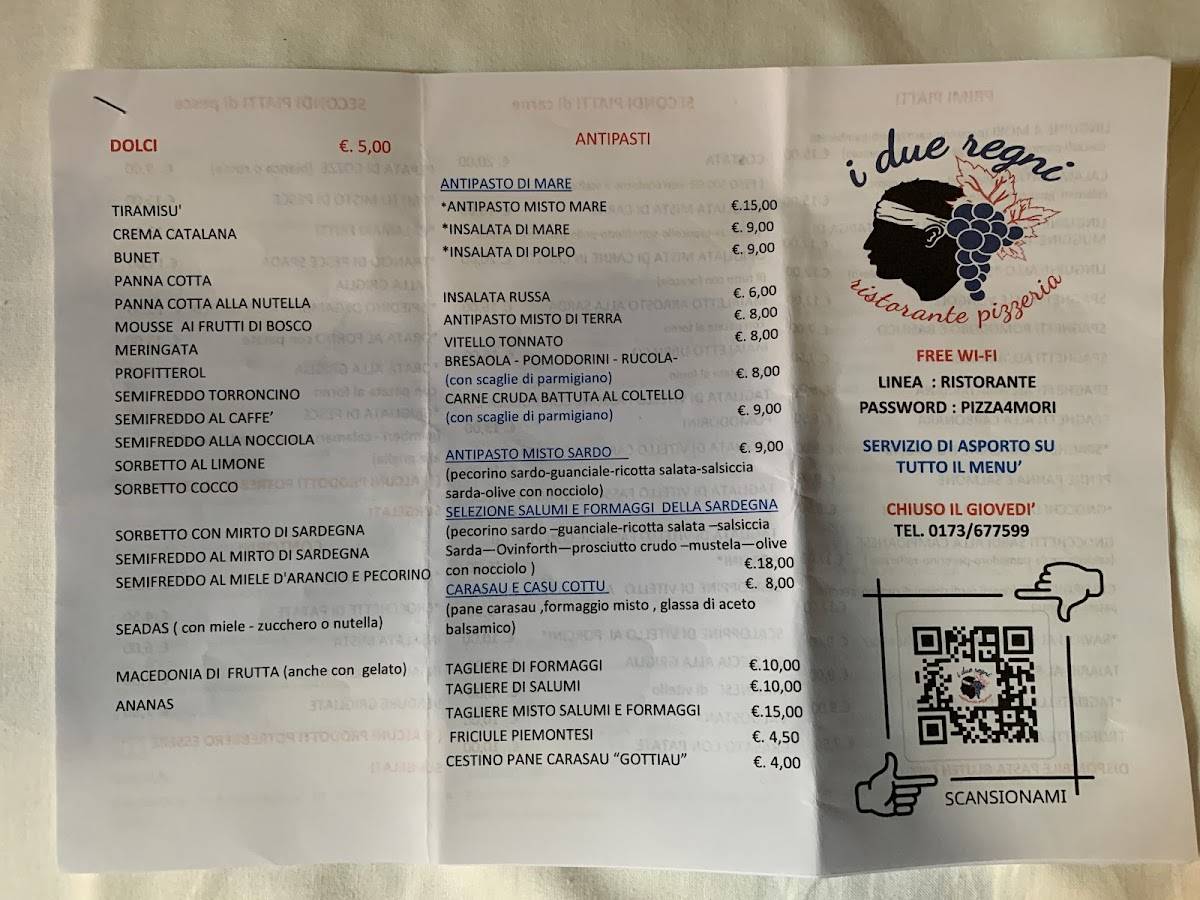 Menu di I Due Regni di Siccardi Wilma 