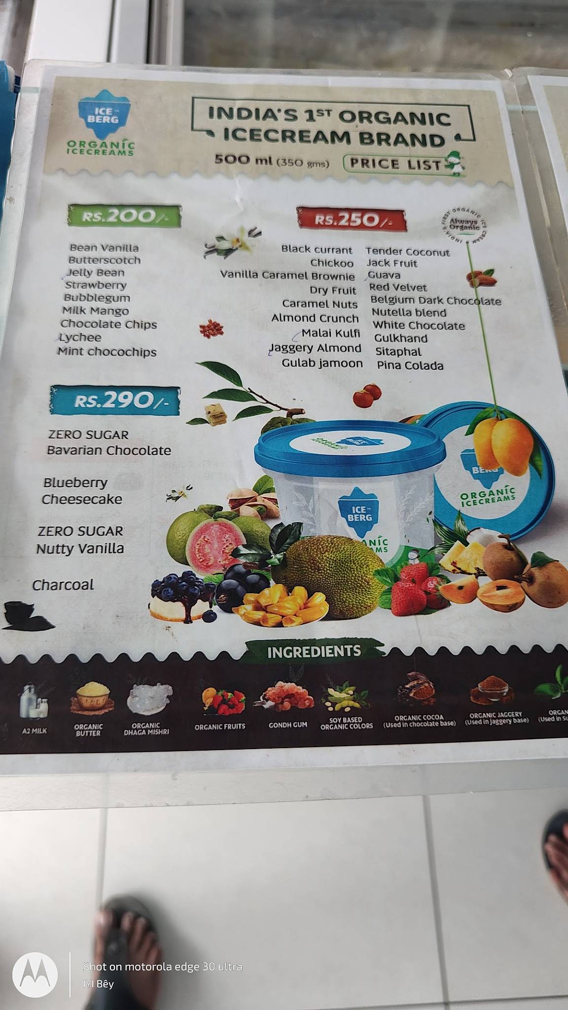 Iceberg Organic Icecreams menu