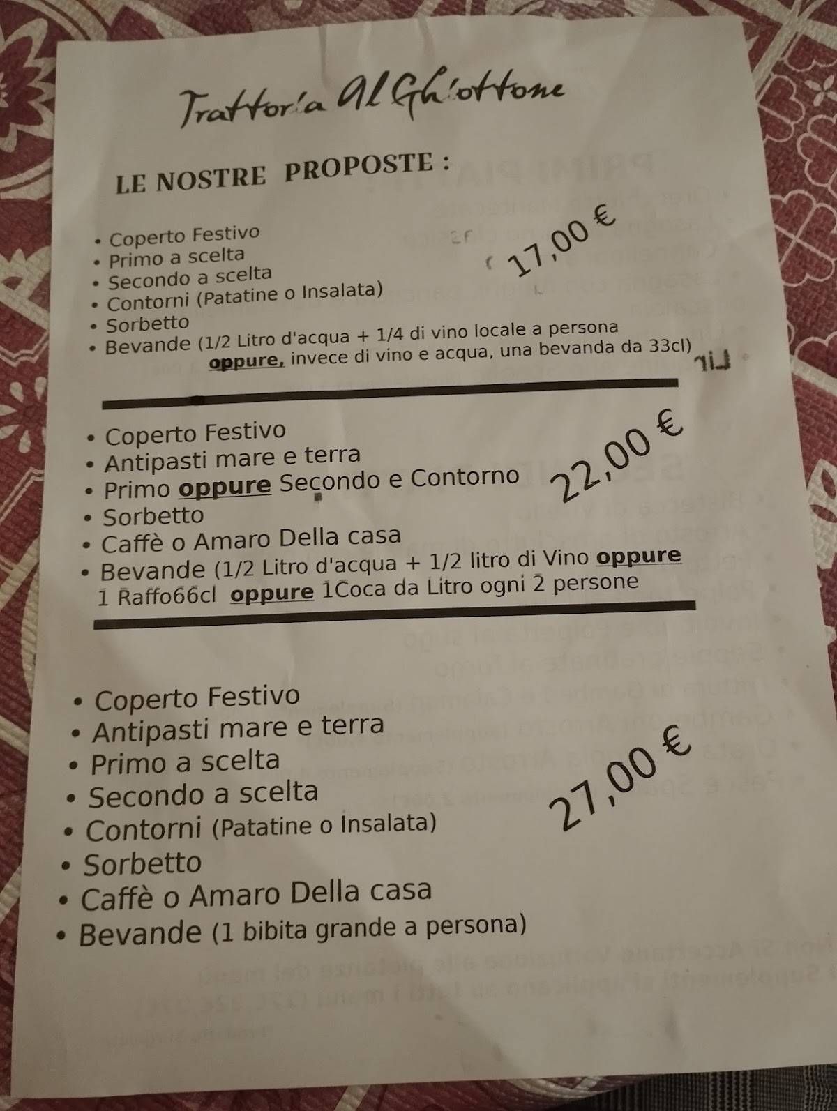 Menu di trattoria al ghiottone 