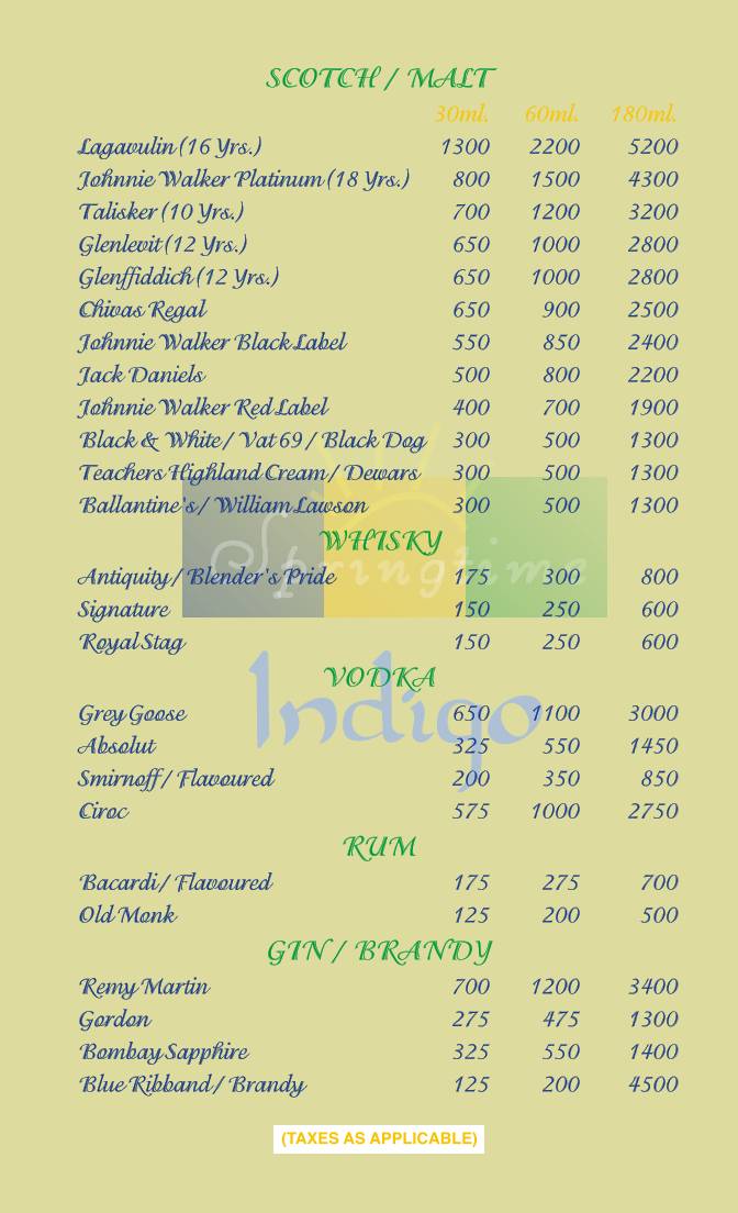 Indigo Restaurant Kalyan menu