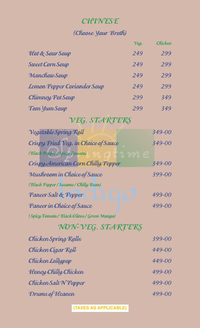 Indigo Restaurant Kalyan menu