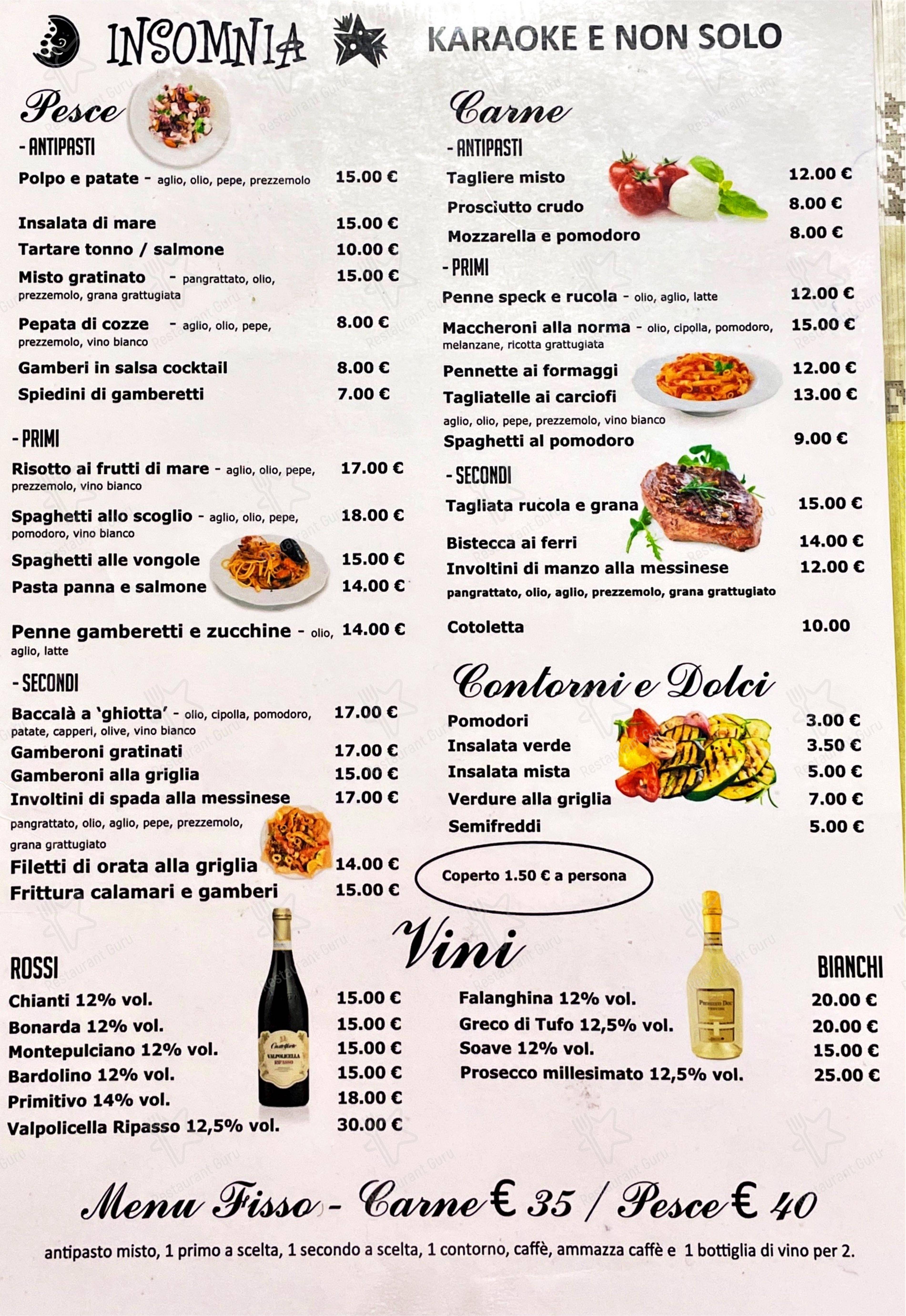 Menu di Insomnia Karaoke Ristorante Milano - Menu