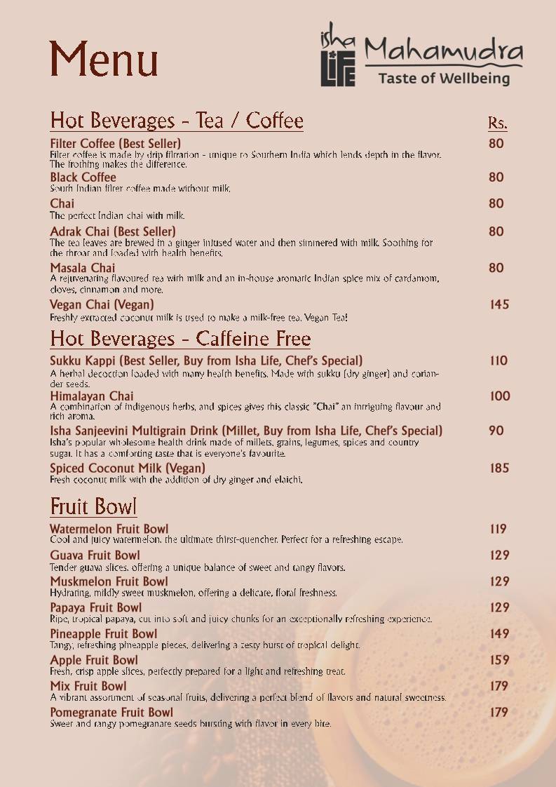 Isha Life Mahamudra Veg Restaurant Yoga menu