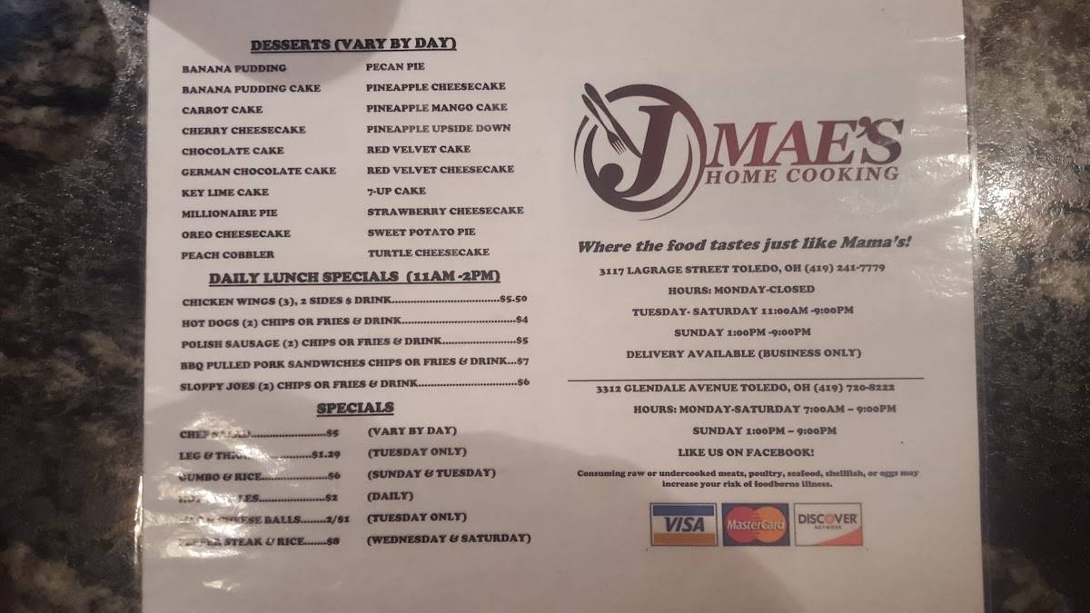Menu at J'Mae's Home Cooking restaurant, Toledo, Glendale Ave