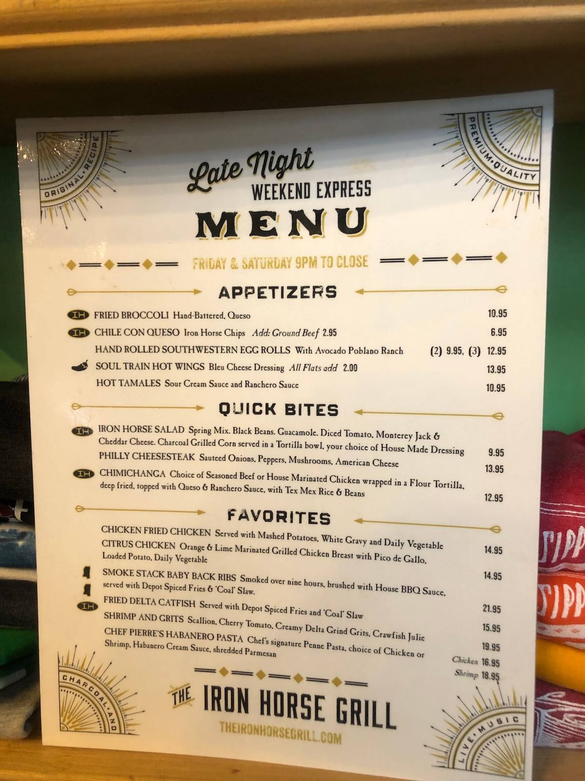 Menu at The Iron Horse Grill restaurant, Jackson