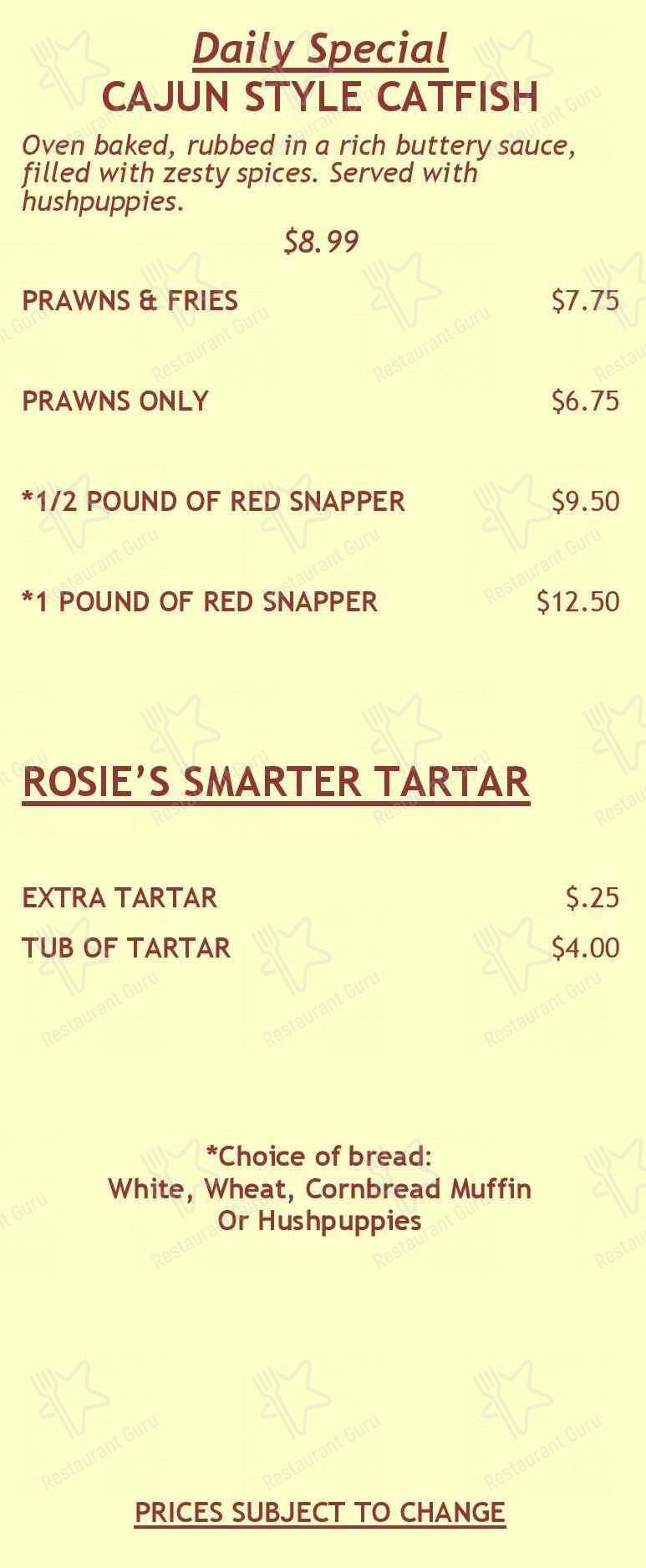 Menu at Jackson's Catfish Corner restaurant, Seattle, Rainier Ave S