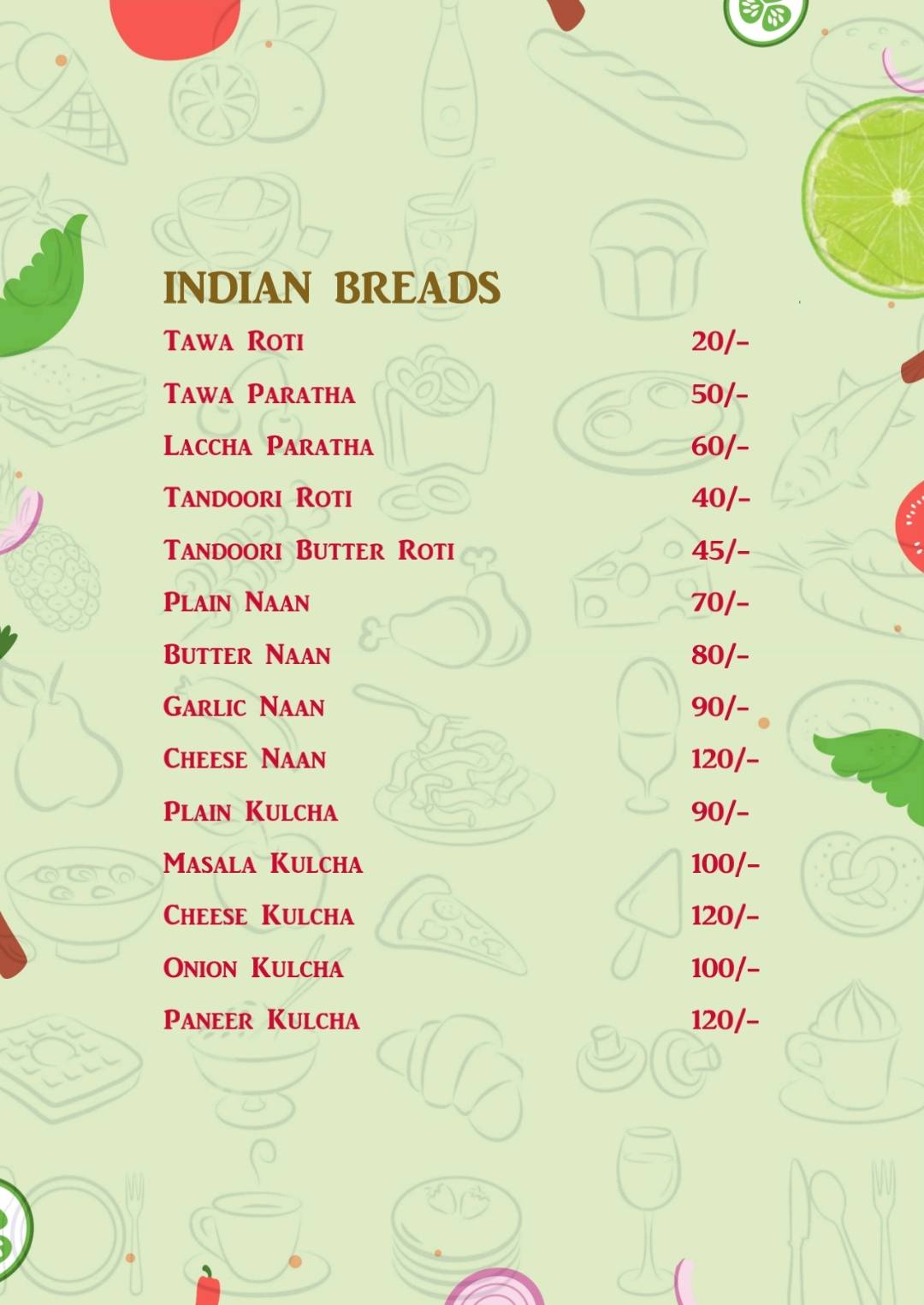 The Garden Cafe & Restaurant (A unit of KVS hospitality) menu