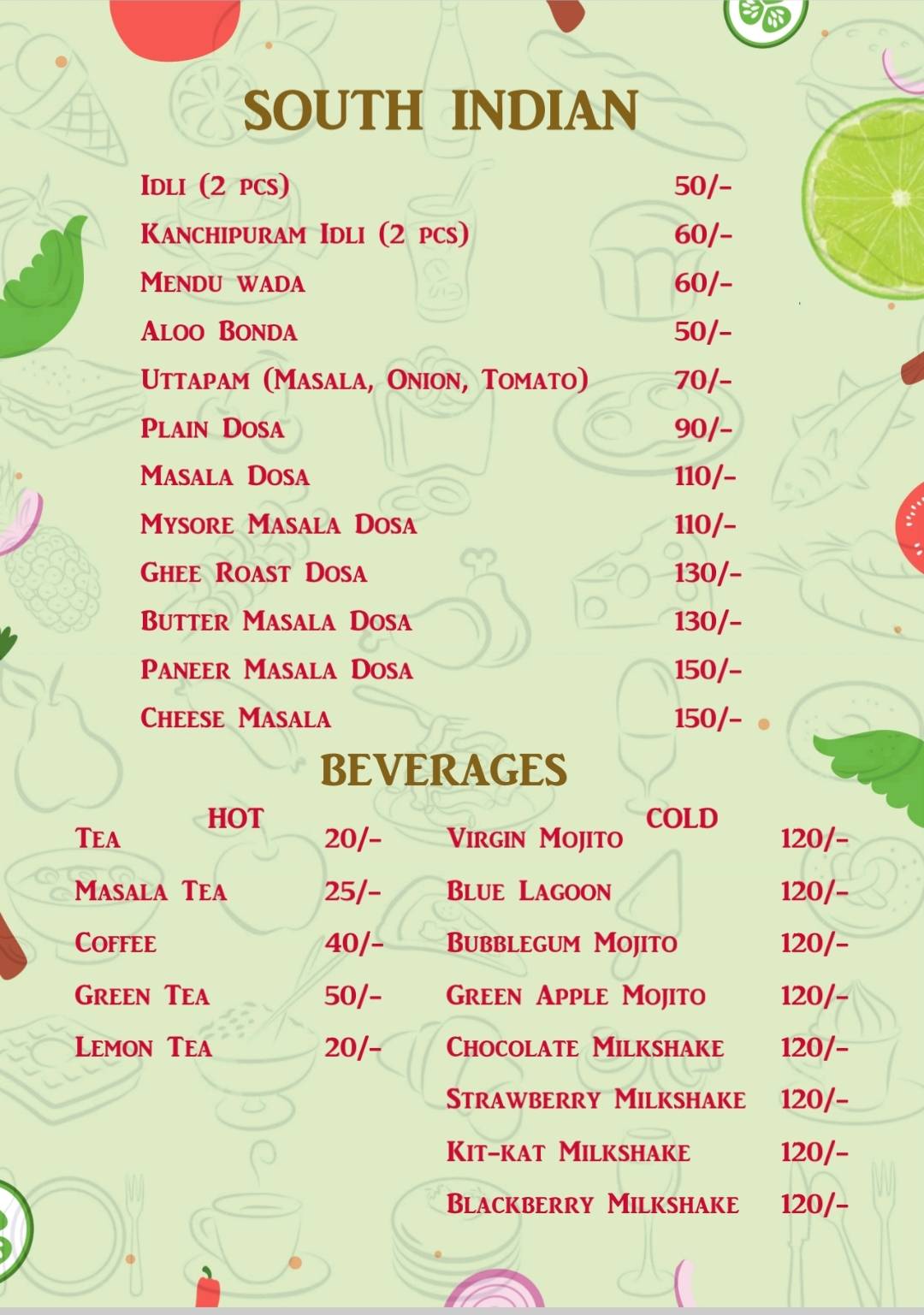 The Garden Cafe & Restaurant (A unit of KVS hospitality) menu