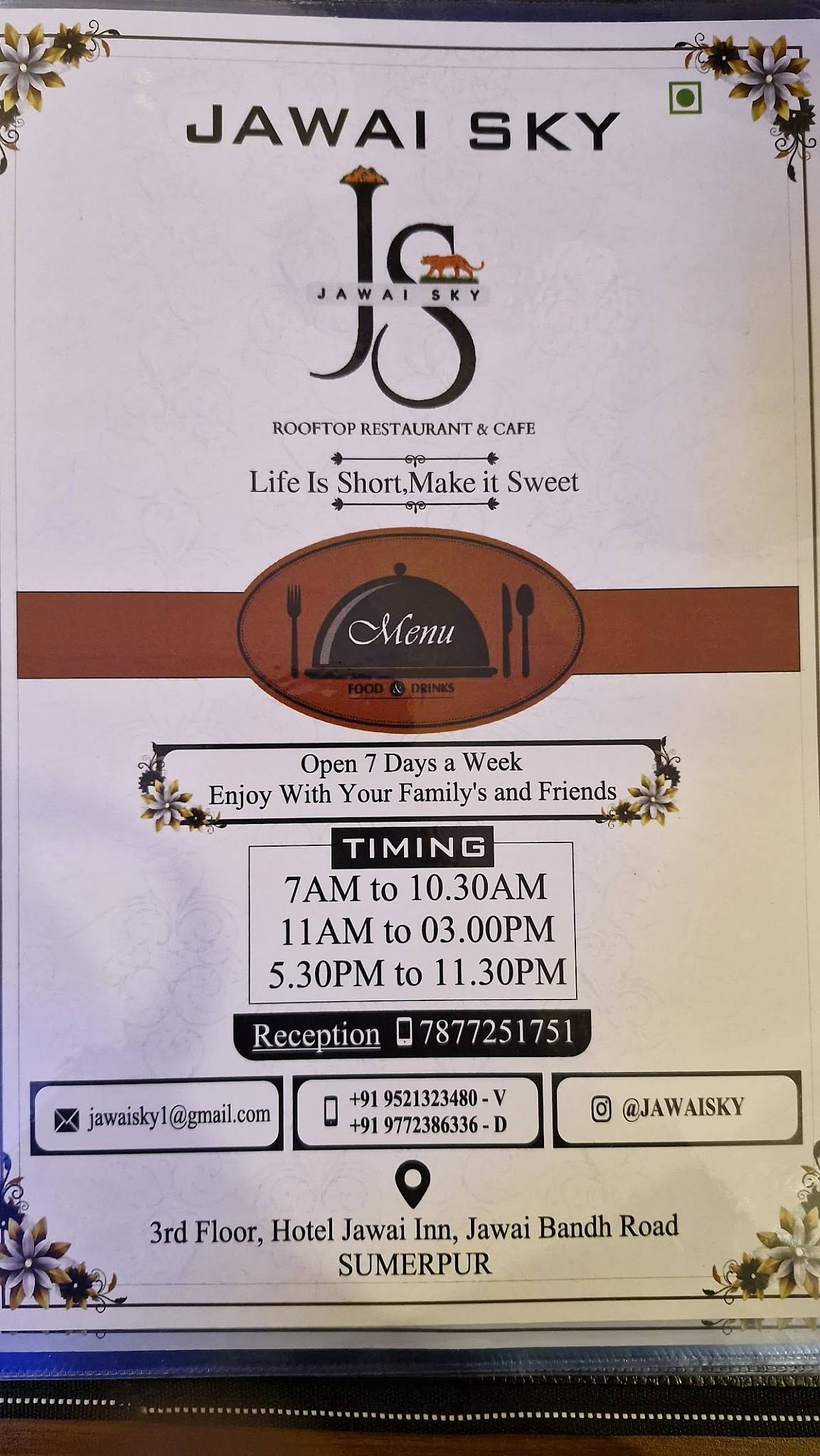 Jawai Sky Rooftop Restaurant Cafe menu