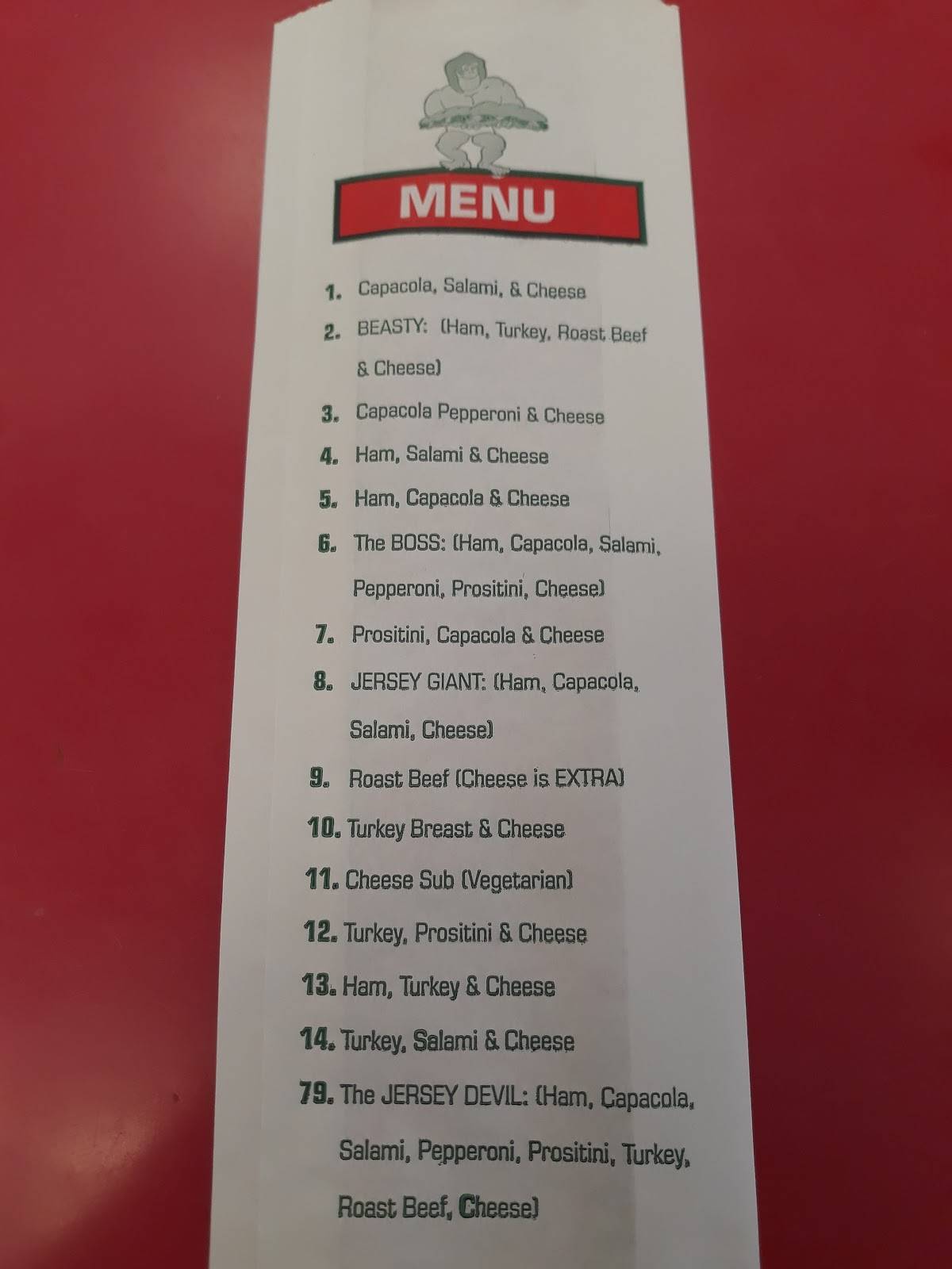 Menu at Jersey Giant Subs, Williamston