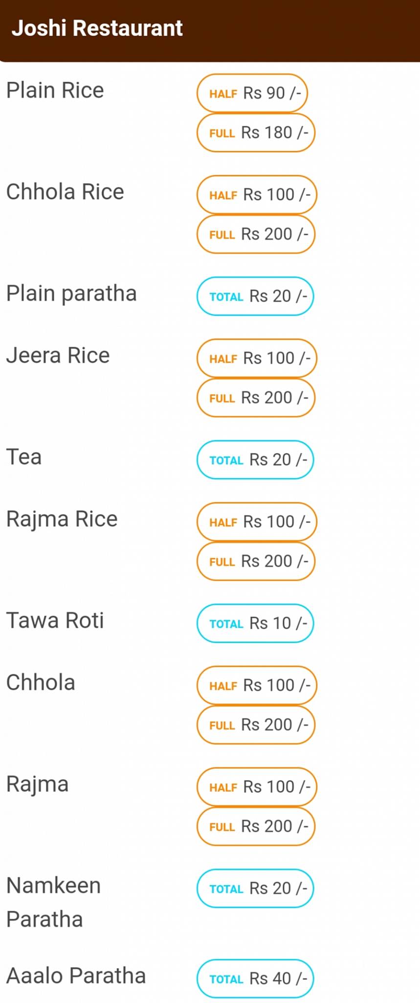 Joshi Restaurant menu
