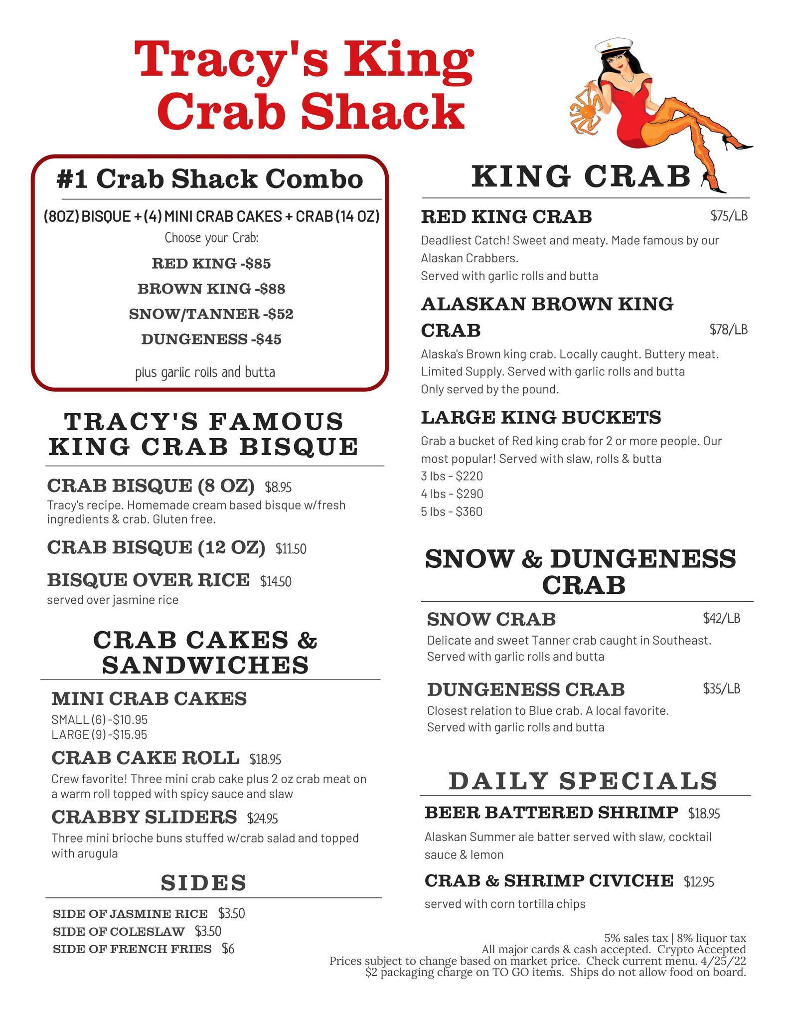 Menu at Tracy’s King Crab Shack restaurant, Juneau, 432 S Franklin St