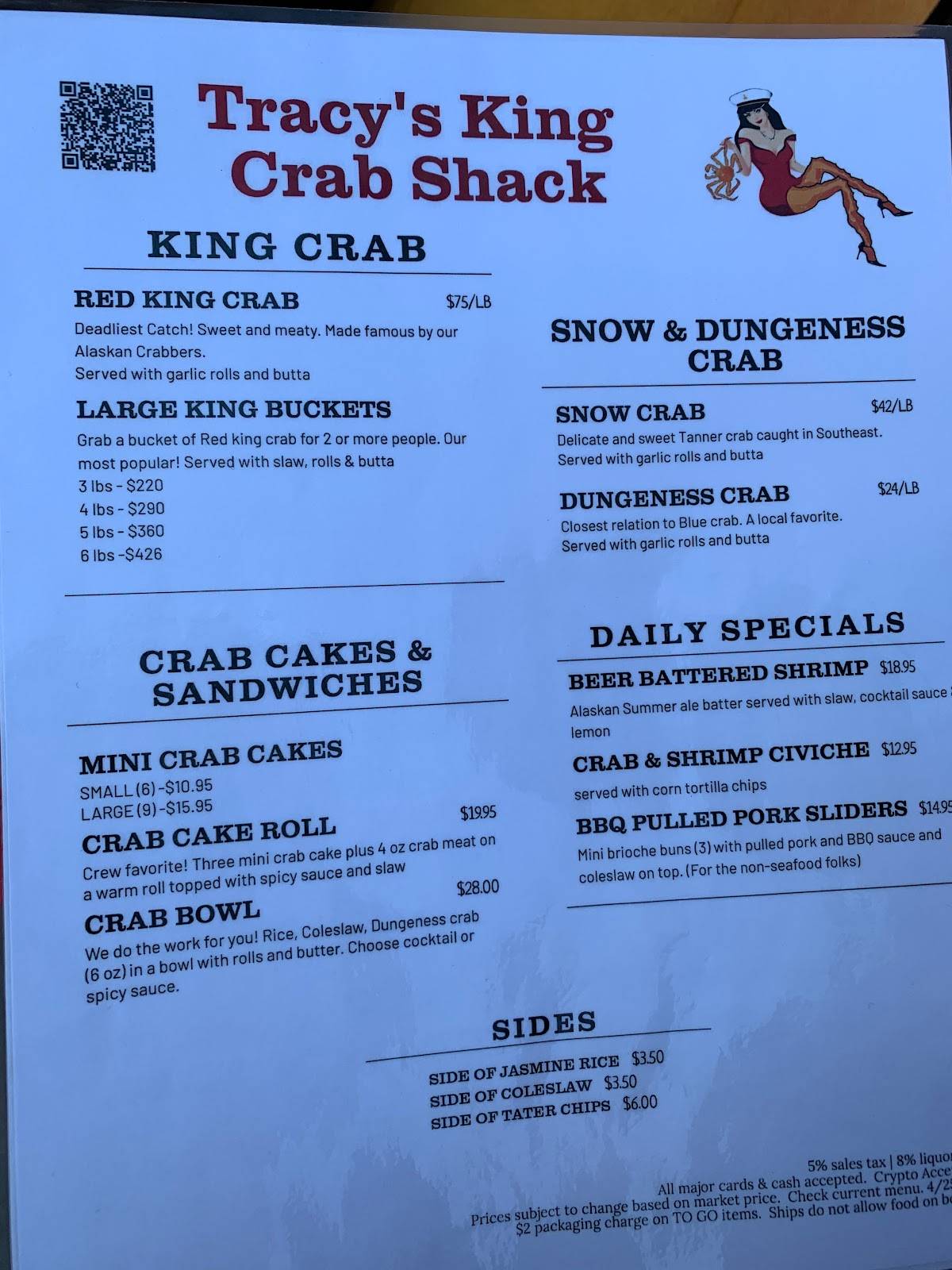 Menu at Tracy’s King Crab Shack restaurant, Juneau, 432 S Franklin St