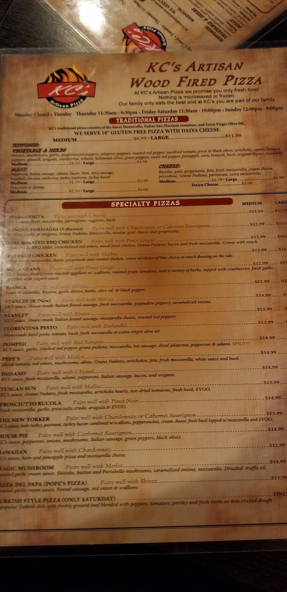 Menu at KC's Artisan Pizza and Wine Bar, Lakeland