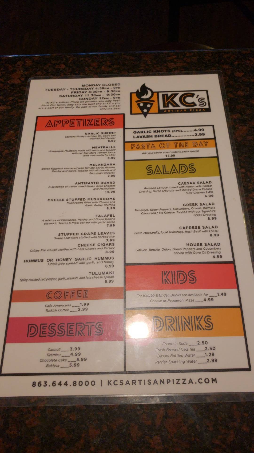Menu at KC's Artisan Pizza and Wine Bar, Lakeland