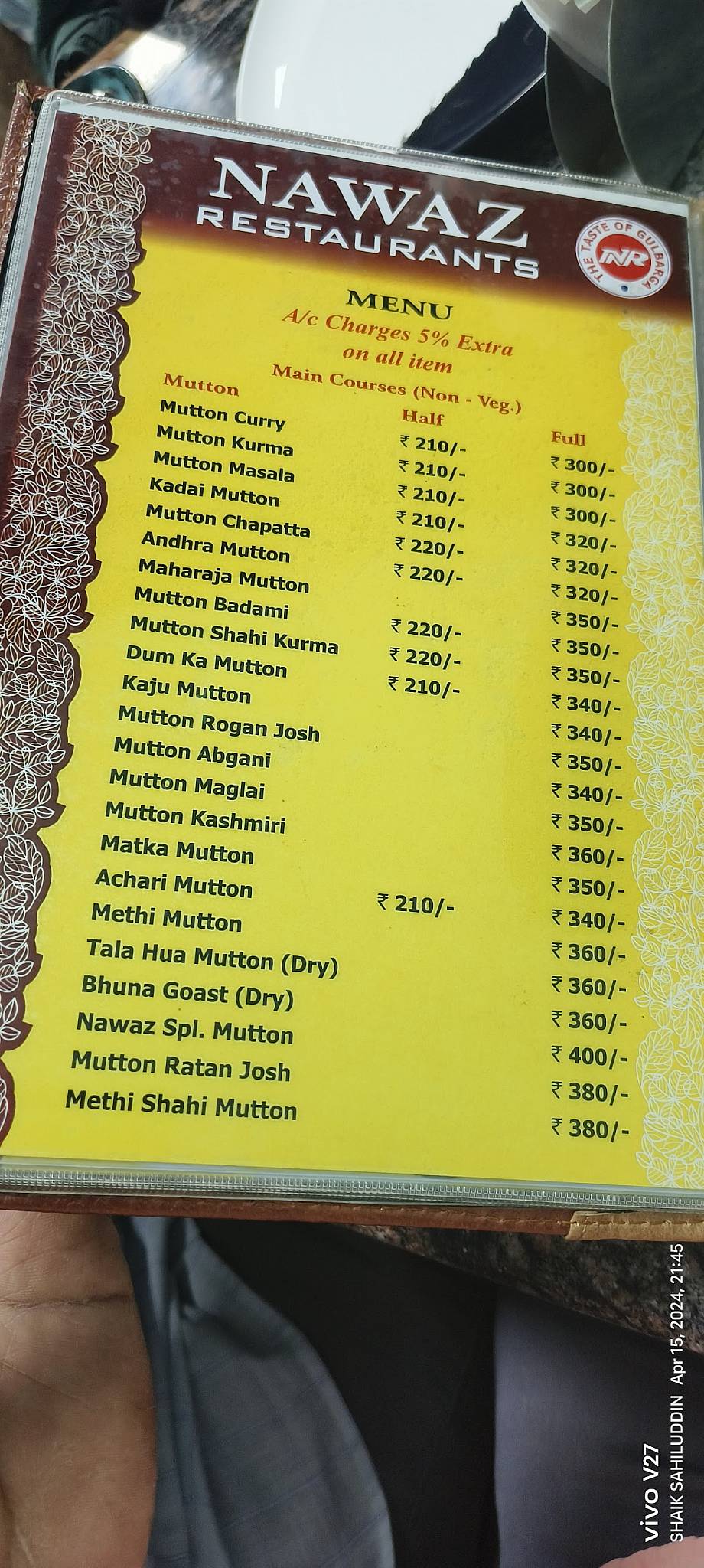 Nawaz Restaurant menu