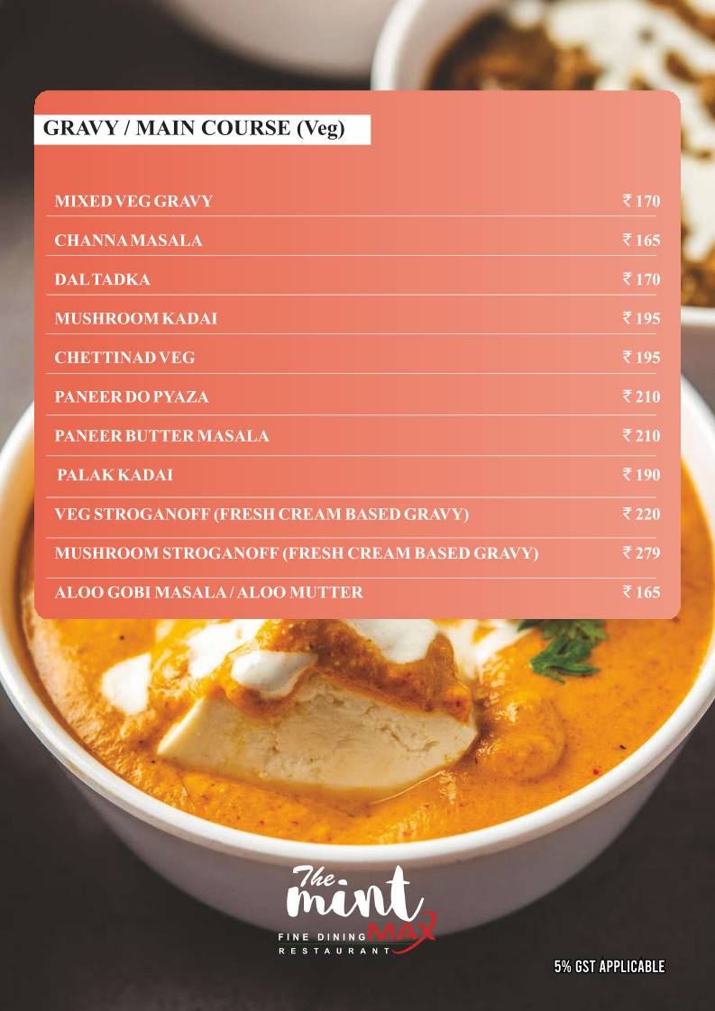 The Mint Max Restaurant menu