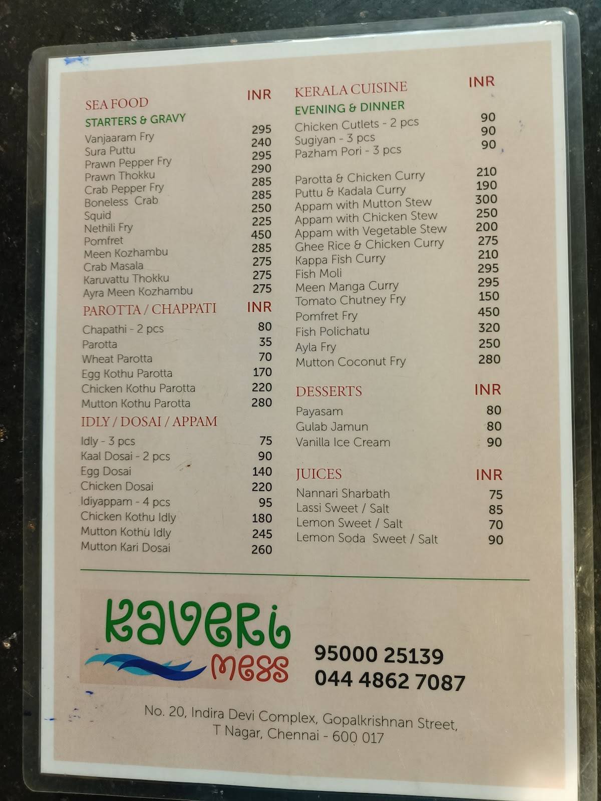 Kaveri Mess menu