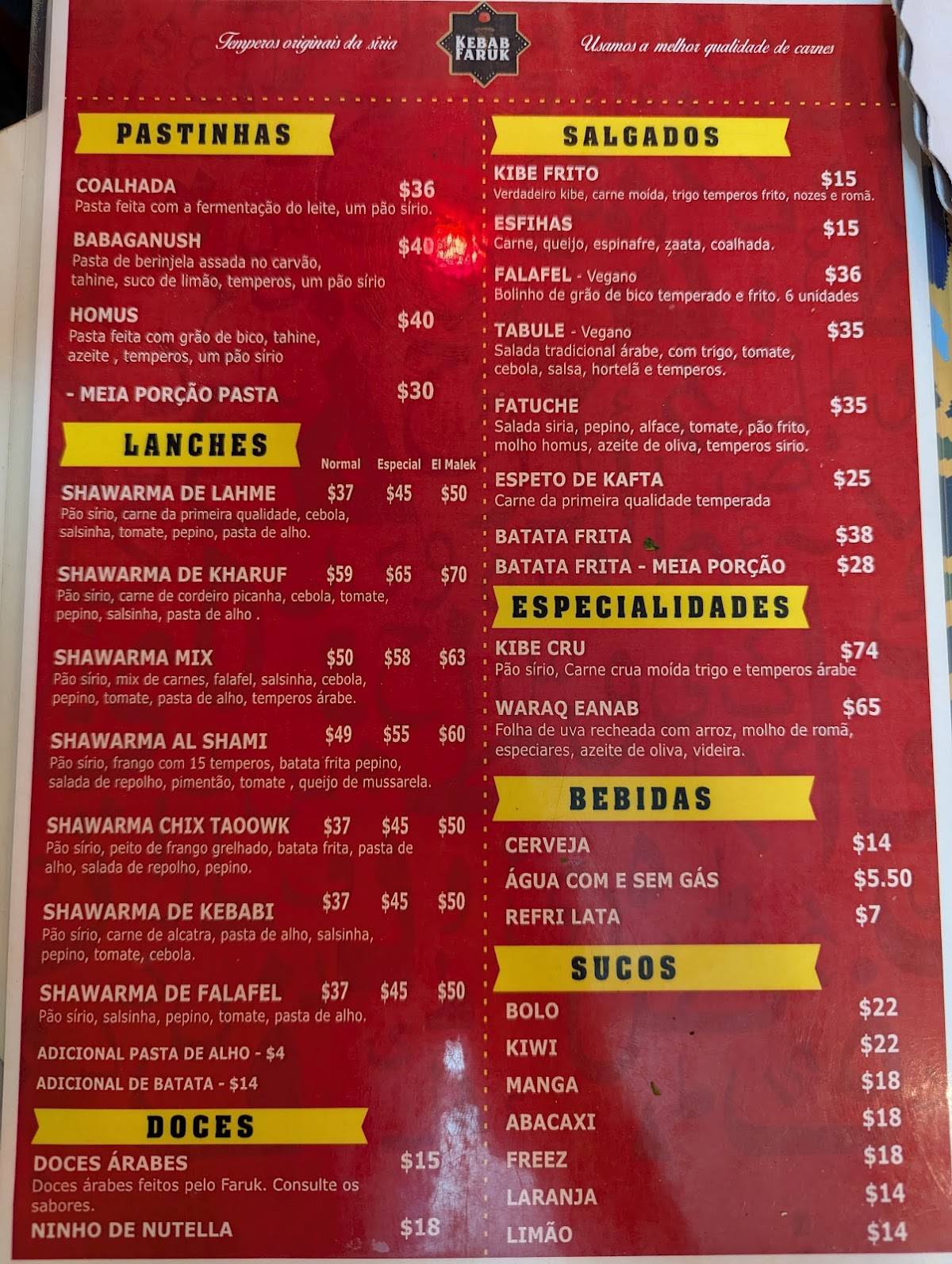 Kebab Faruk - Comida Árabe cardápio